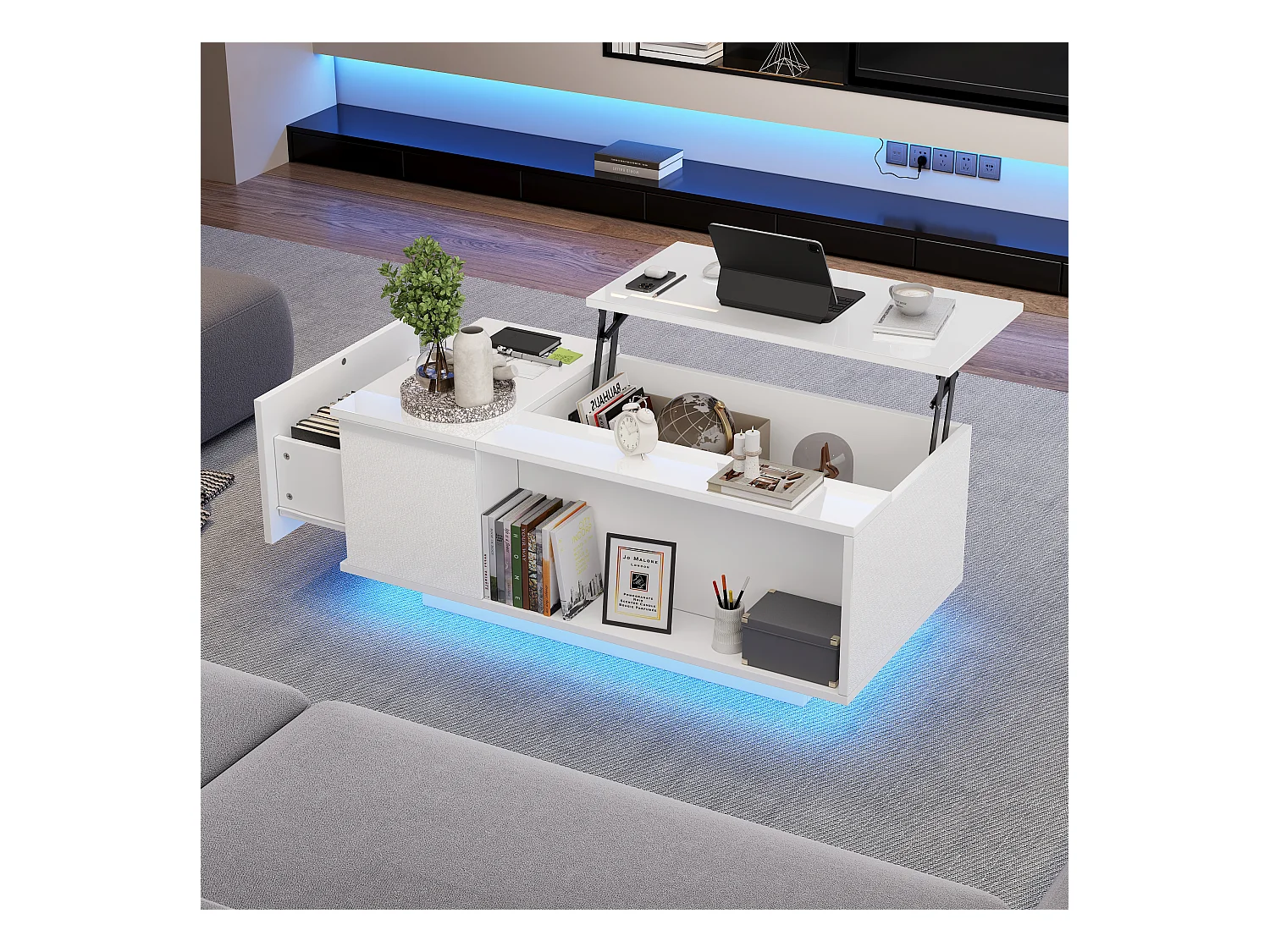 Hochklappbarer Couchtisch – 100 x 50 x 40 cm – mit verstecktem Stauraum + LEDs + 1 Schublade – Spanplatte – weiß