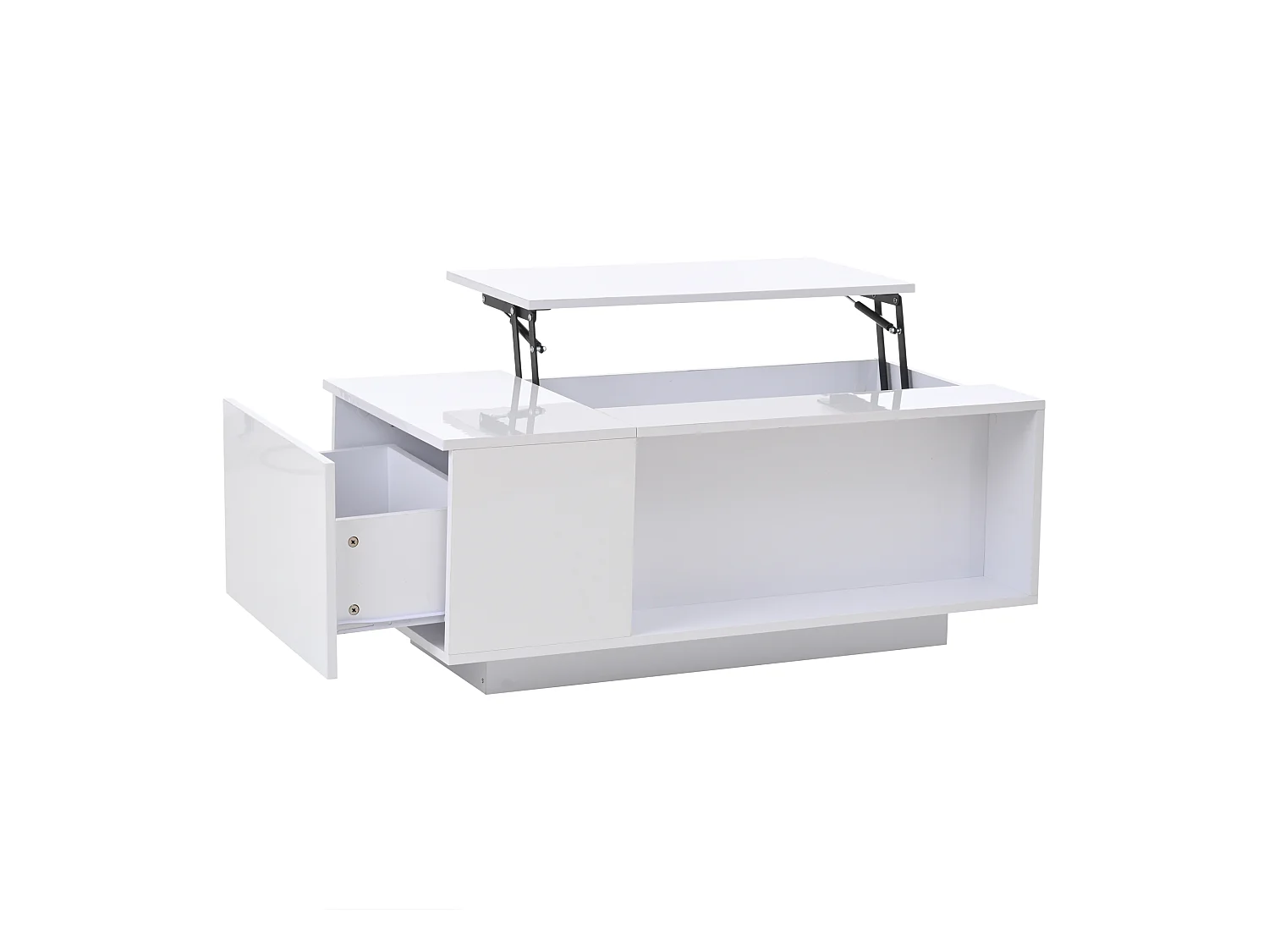 Hochklappbarer Couchtisch – 100 x 50 x 40 cm – mit verstecktem Stauraum + LEDs + 1 Schublade – Spanplatte – weiß