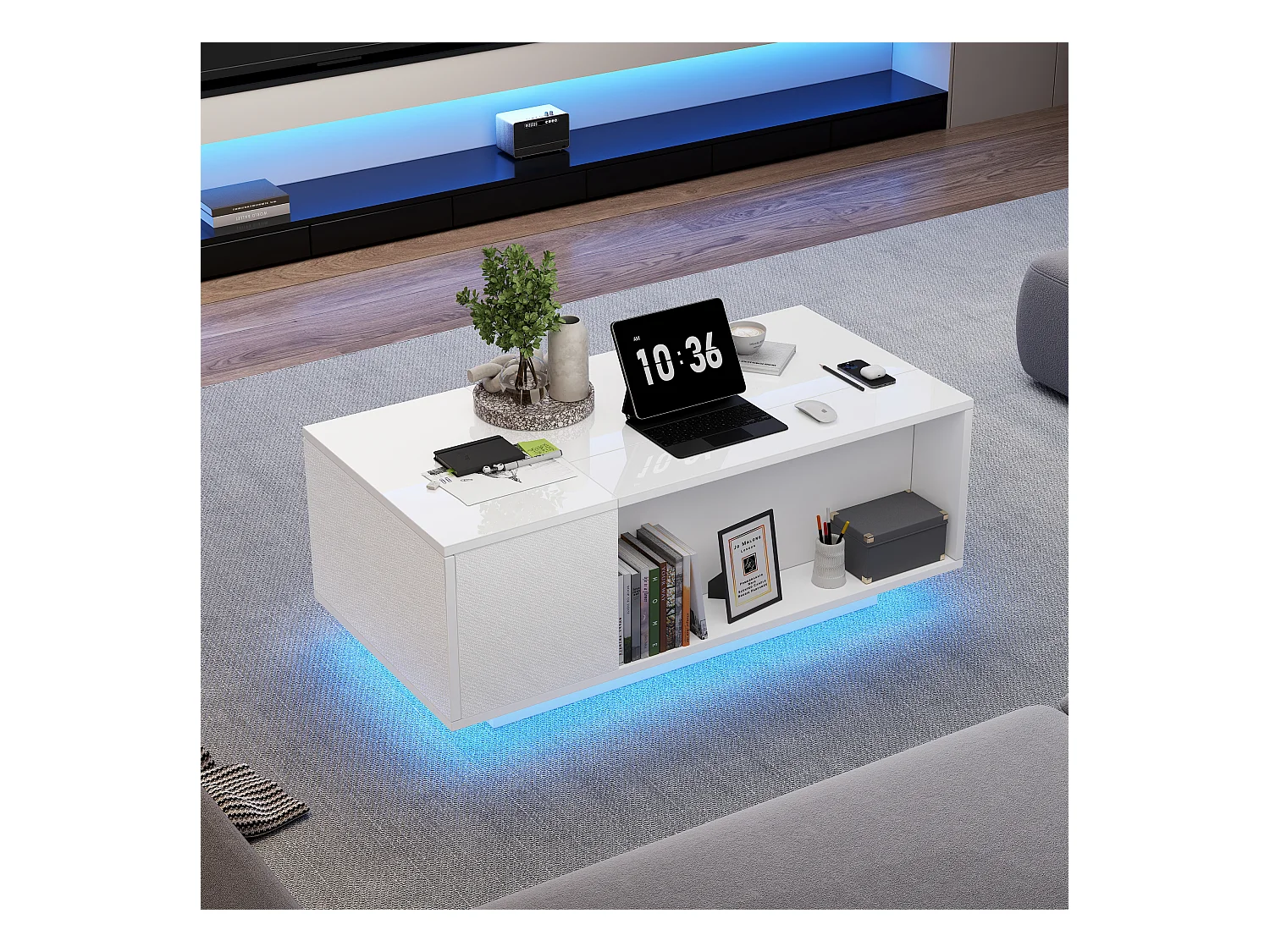 Hochklappbarer Couchtisch – 100 x 50 x 40 cm – mit verstecktem Stauraum + LEDs + 1 Schublade – Spanplatte – weiß