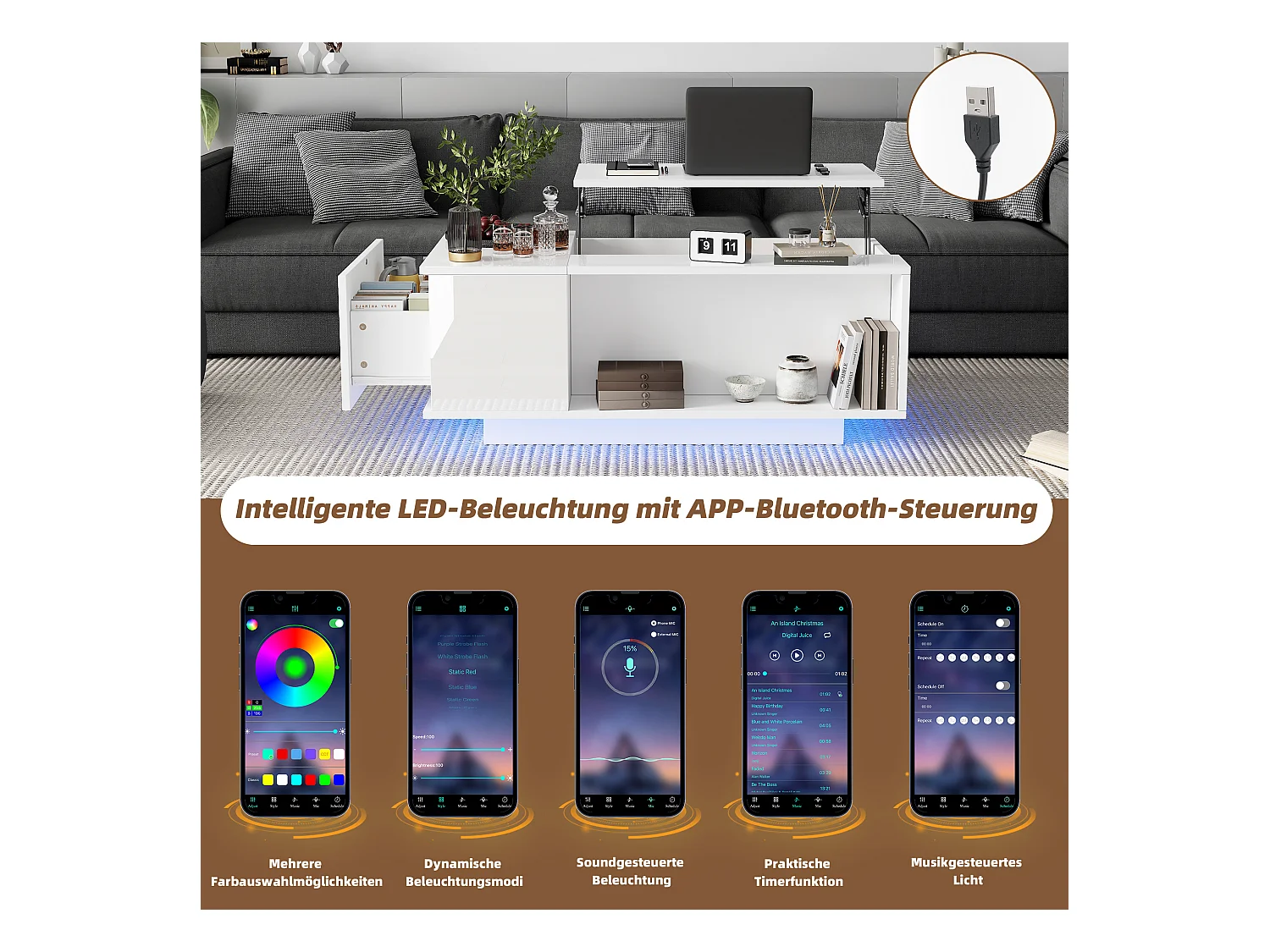 Hochklappbarer Couchtisch – 100 x 50 x 40 cm – mit verstecktem Stauraum + LEDs + 1 Schublade – Spanplatte – weiß