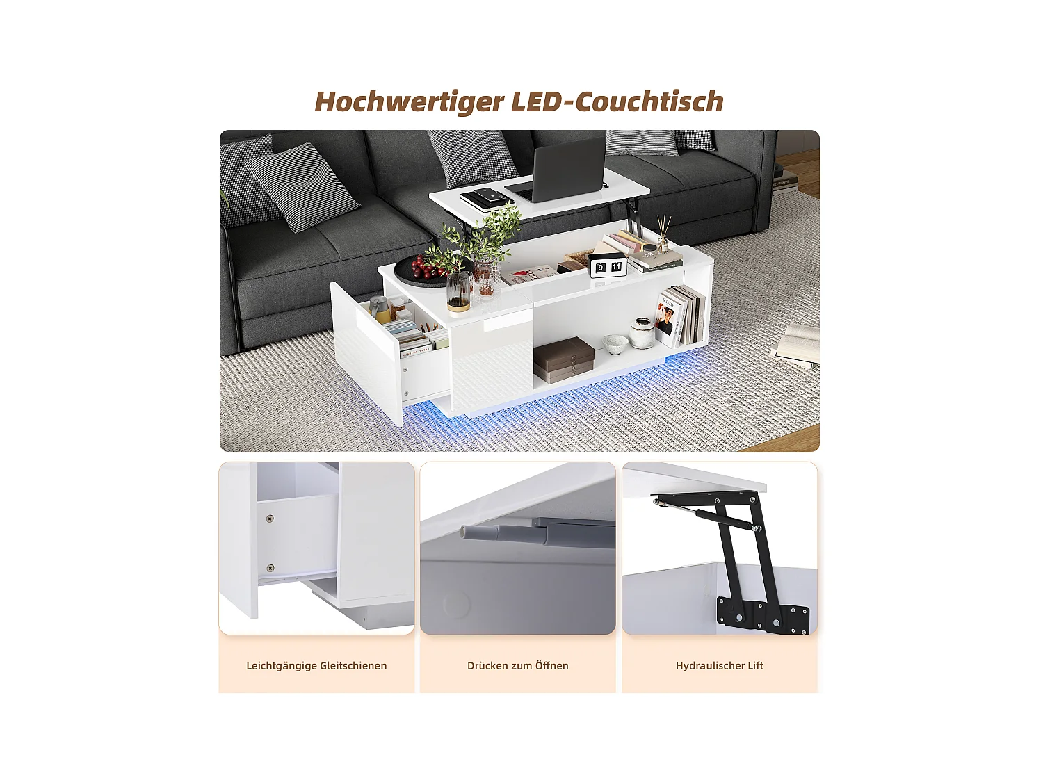 Hochklappbarer Couchtisch – 100 x 50 x 40 cm – mit verstecktem Stauraum + LEDs + 1 Schublade – Spanplatte – weiß