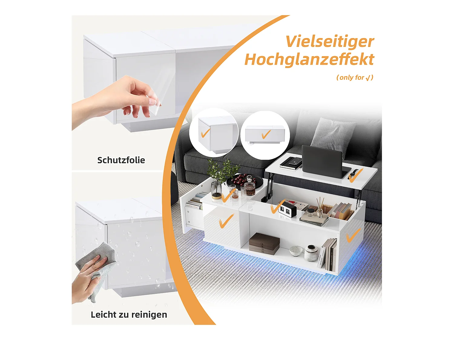 Hochklappbarer Couchtisch – 100 x 50 x 40 cm – mit verstecktem Stauraum + LEDs + 1 Schublade – Spanplatte – weiß