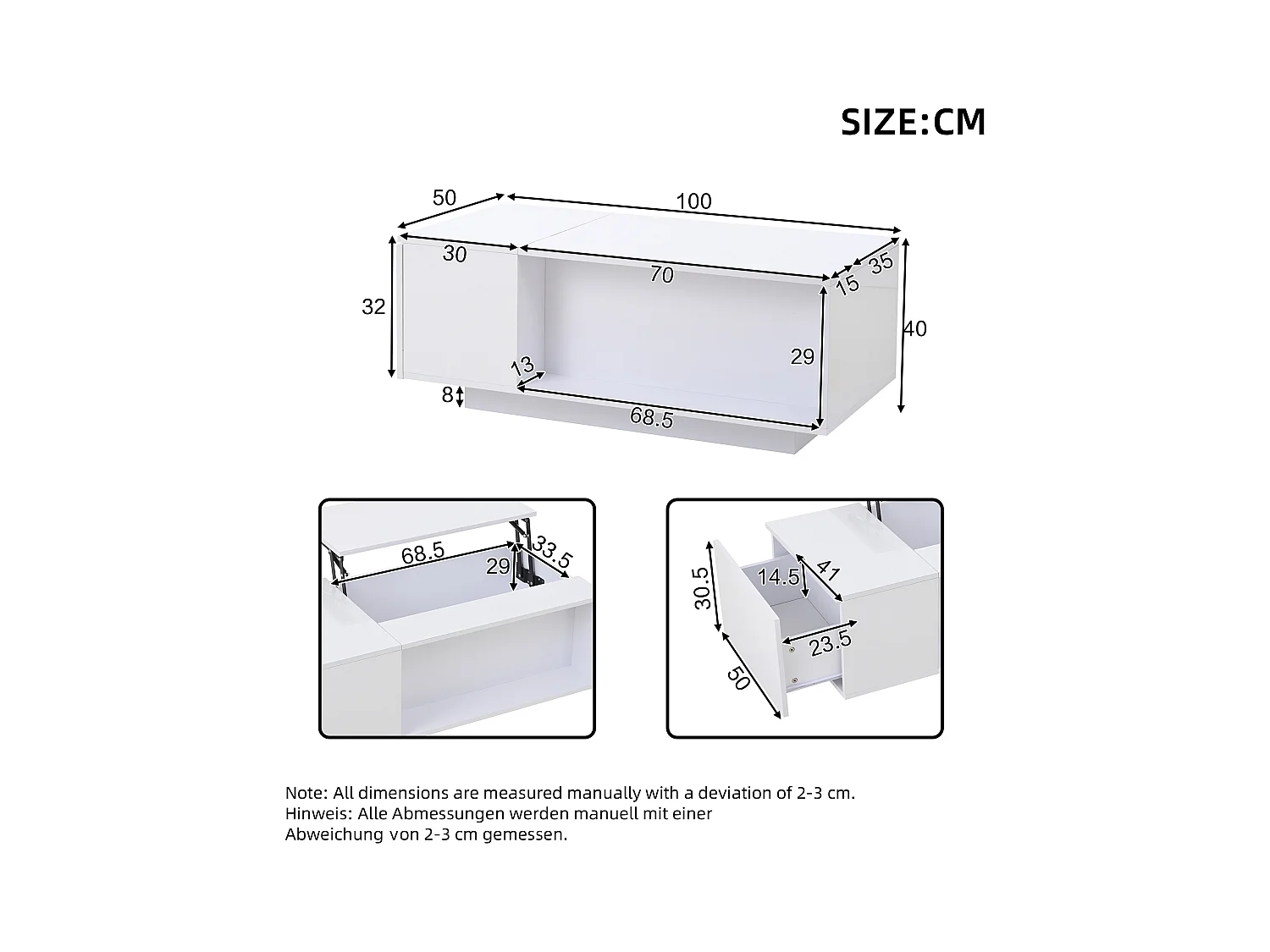 Hochklappbarer Couchtisch – 100 x 50 x 40 cm – mit verstecktem Stauraum + LEDs + 1 Schublade – Spanplatte – weiß