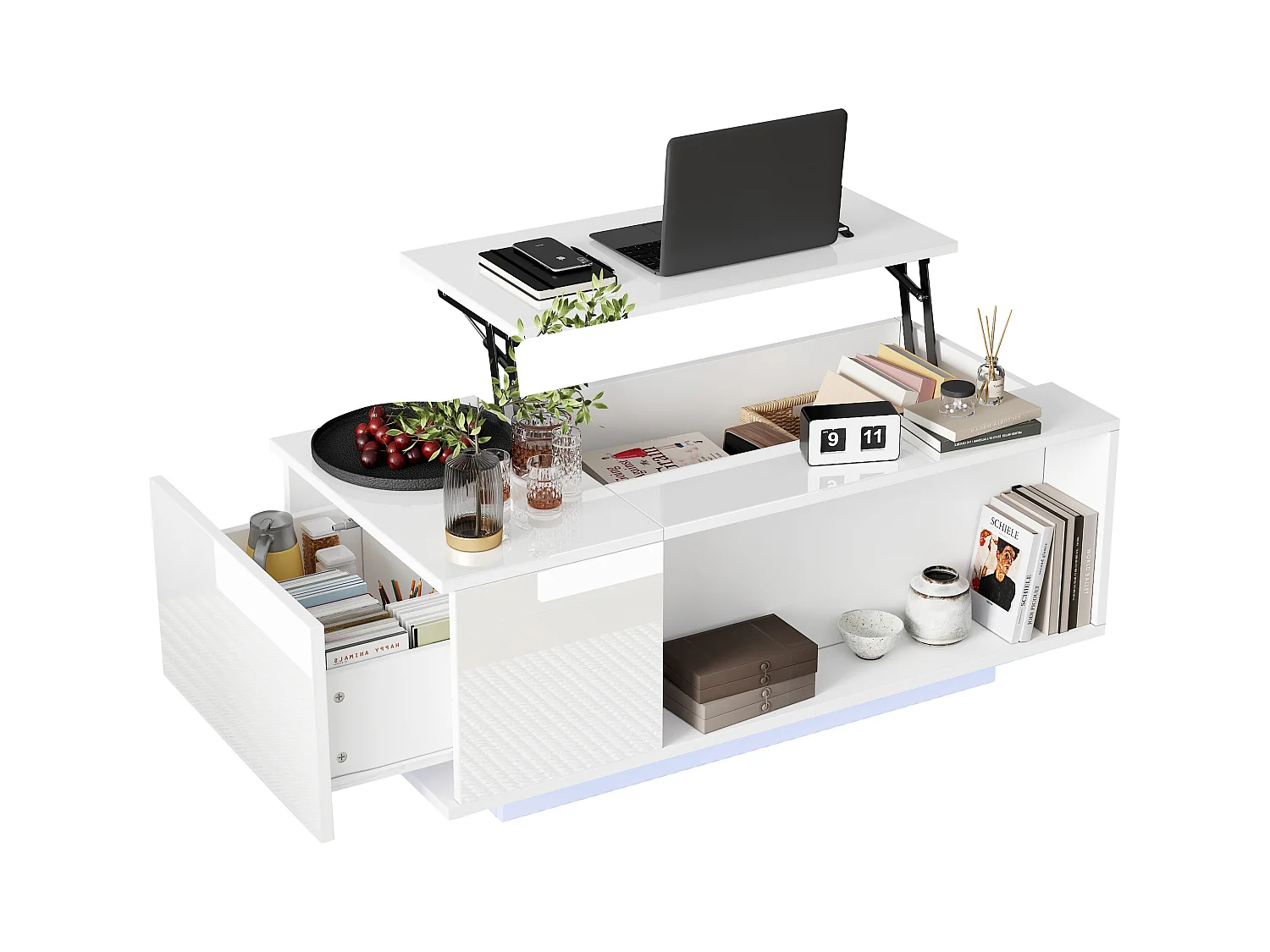 Hochklappbarer Couchtisch – 100 x 50 x 40 cm – mit verstecktem Stauraum + LEDs + 1 Schublade – Spanplatte – weiß
