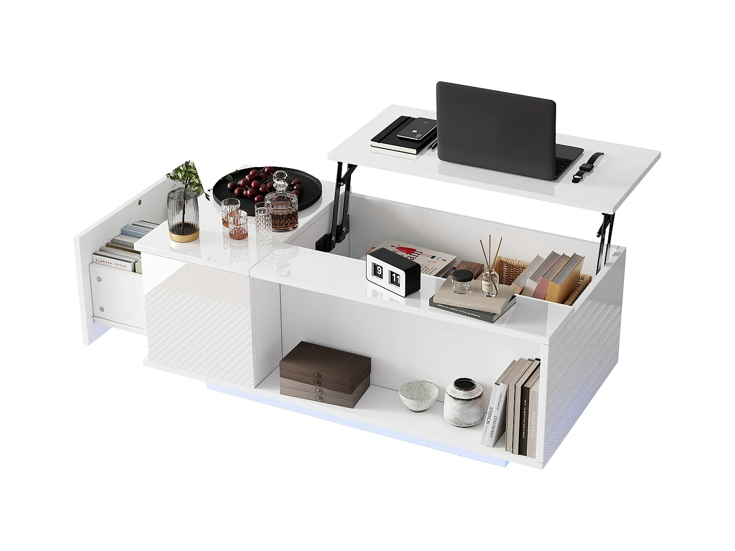Hochklappbarer Couchtisch – 100 x 50 x 40 cm – mit verstecktem Stauraum + LEDs + 1 Schublade – Spanplatte – weiß