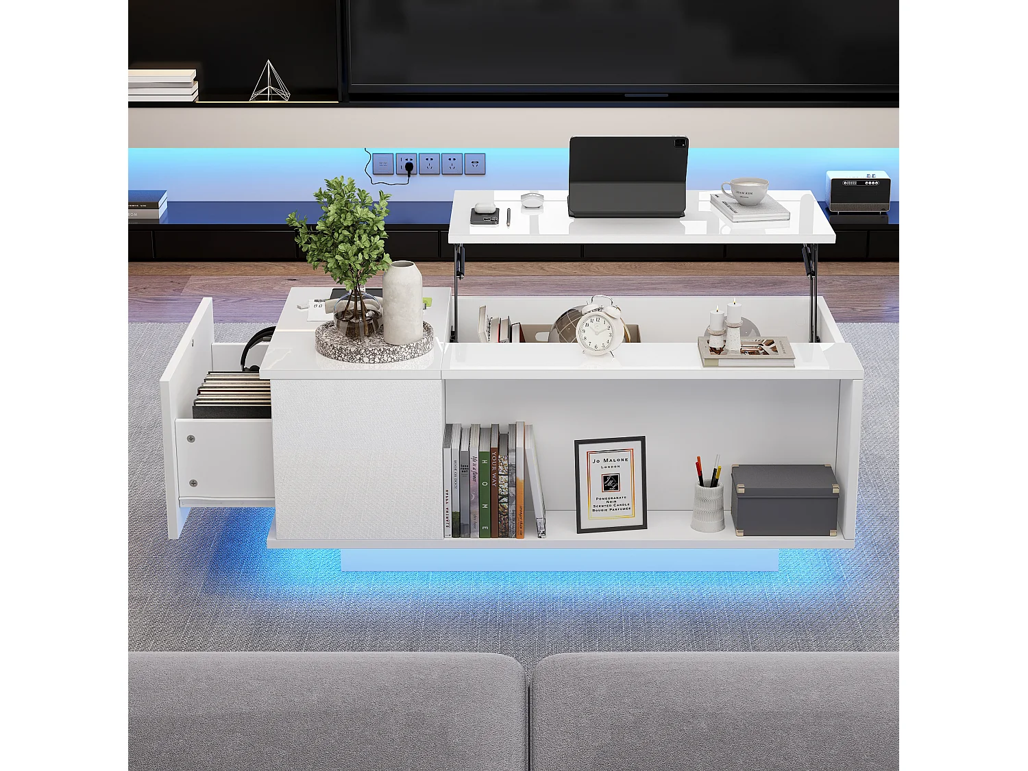 Stolik kawowy podnoszony - 100 x 50 x 40 cm - z ukrytym schowkiem + diody LED + 1 szuflada - płyta wiórowa - biały