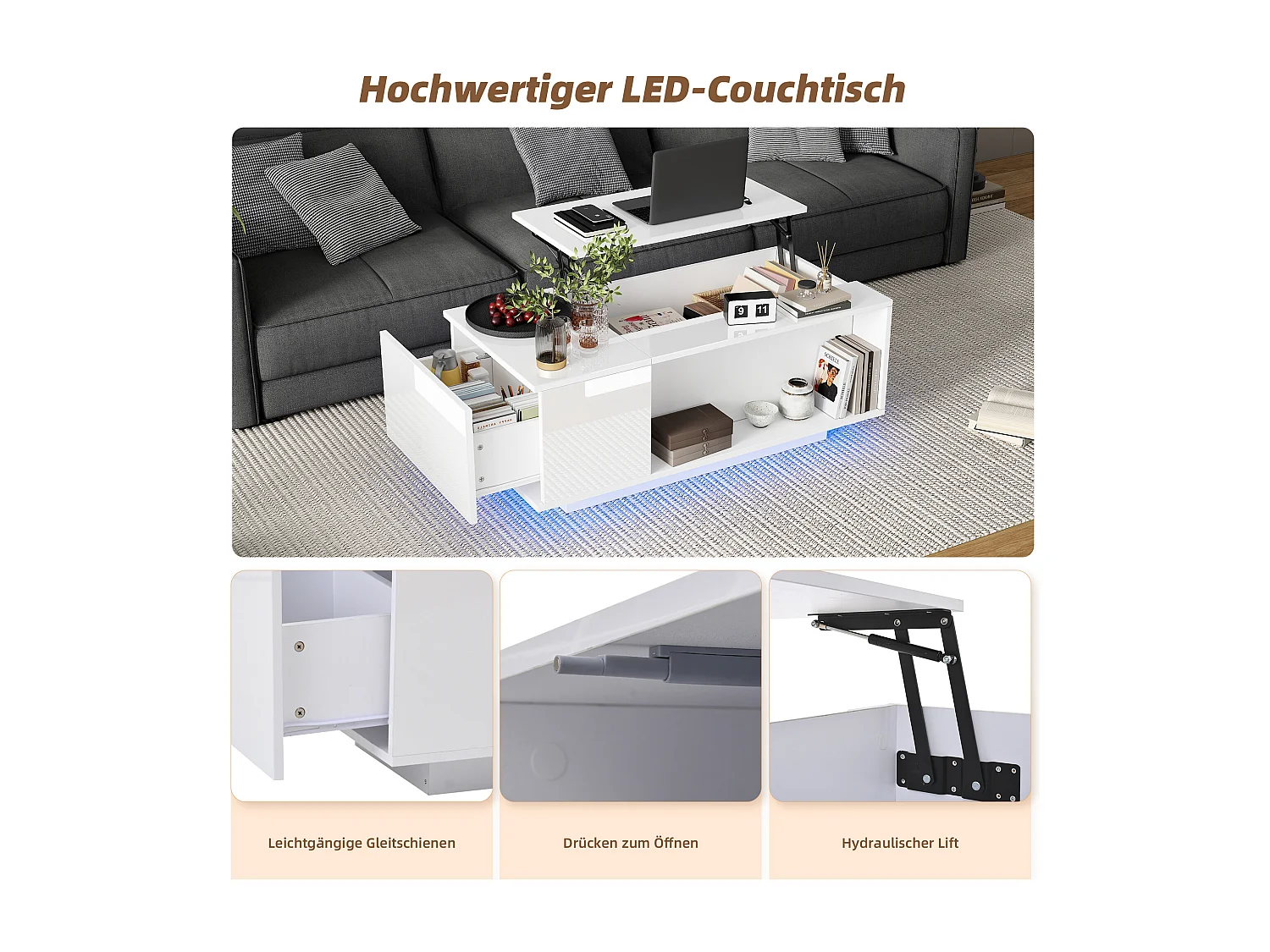 Stolik kawowy podnoszony - 100 x 50 x 40 cm - z ukrytym schowkiem + diody LED + 1 szuflada - płyta wiórowa - biały