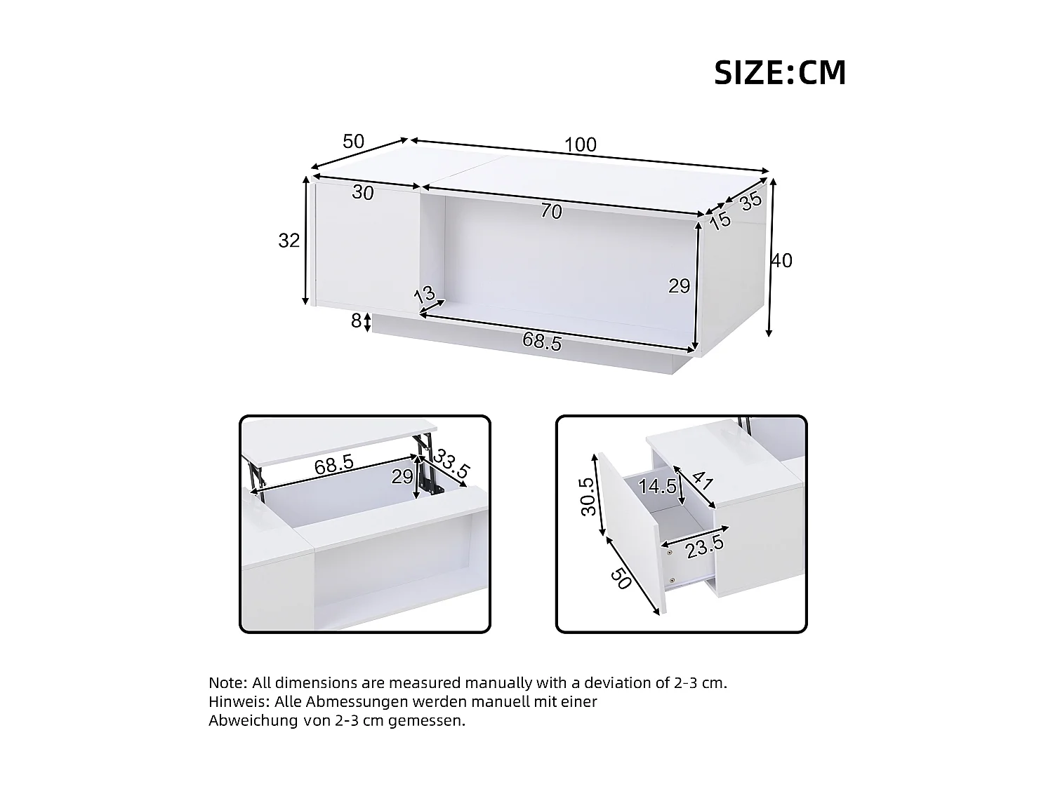 Stolik kawowy podnoszony - 100 x 50 x 40 cm - z ukrytym schowkiem + diody LED + 1 szuflada - płyta wiórowa - biały