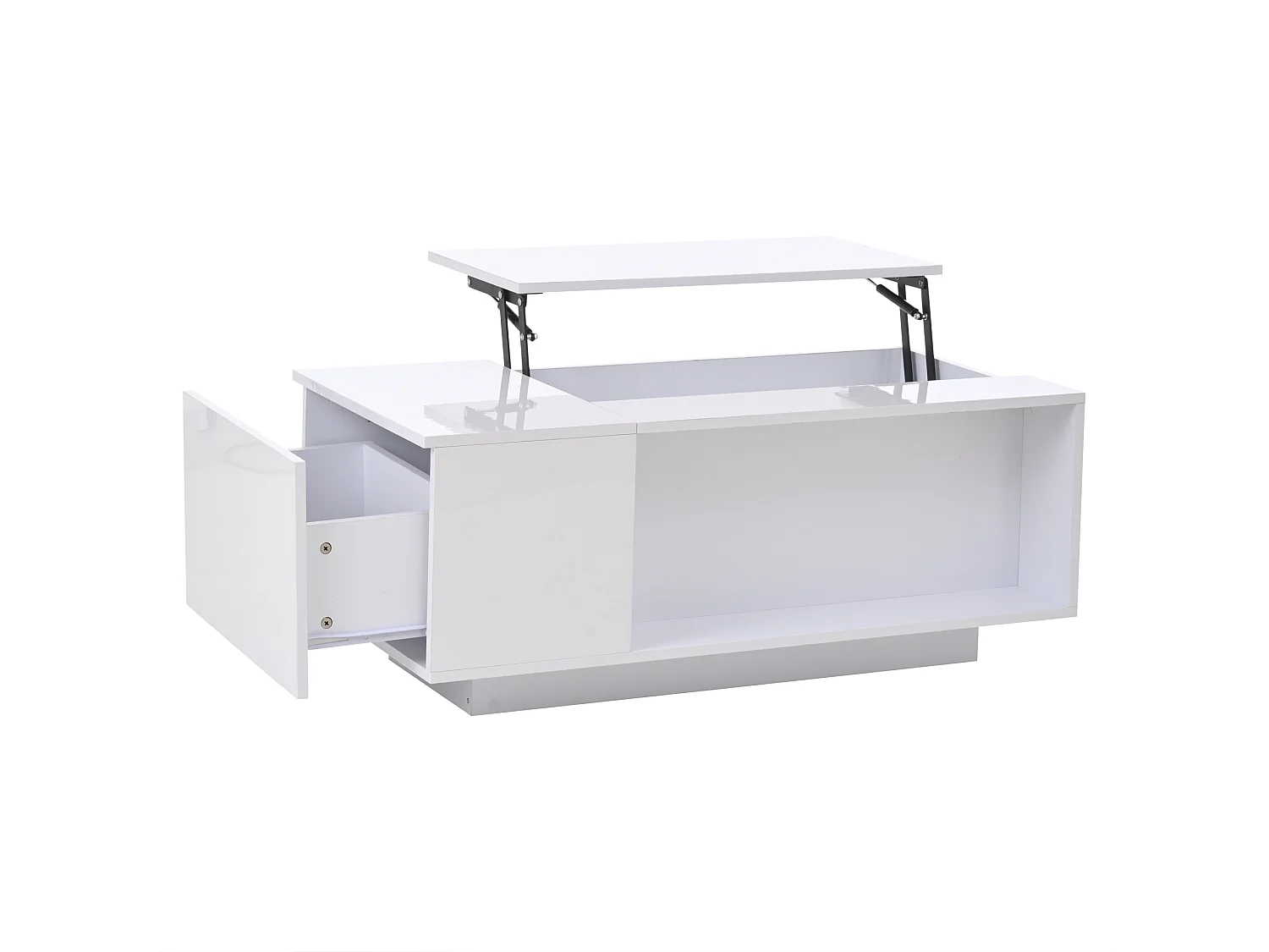 Stolik kawowy podnoszony - 100 x 50 x 40 cm - z ukrytym schowkiem + diody LED + 1 szuflada - płyta wiórowa - biały