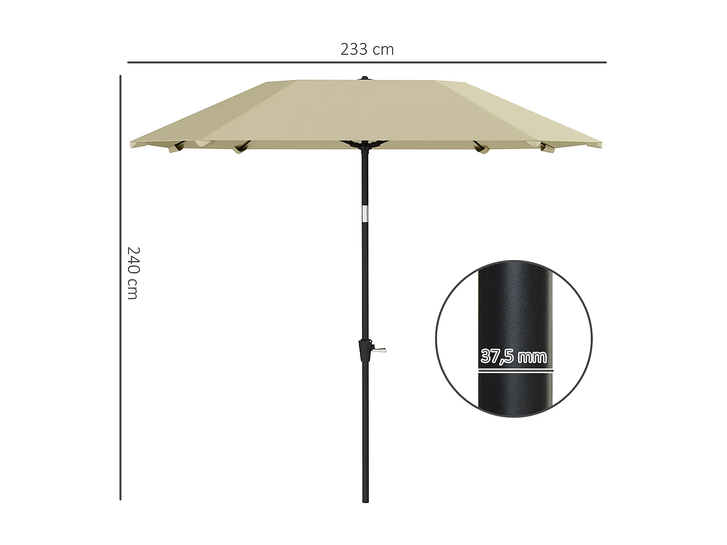 Parasol de Jardin avec Fonction d'Inclinaison, 8 Baleines en Fibre de Verre, Aluminium, Beige (233x233x240 cm)
