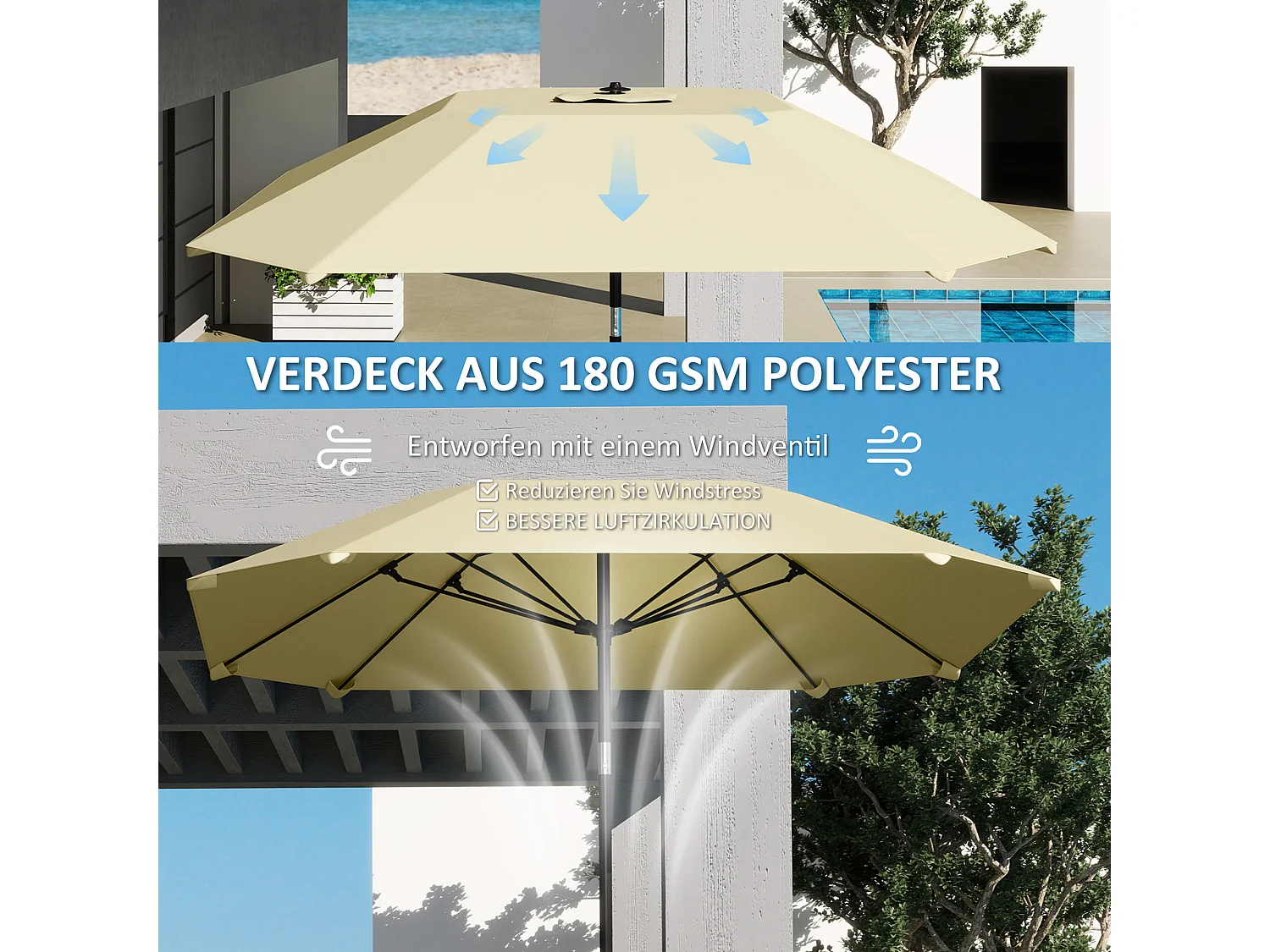 Parasol de Jardin avec Fonction d'Inclinaison, 8 Baleines en Fibre de Verre, Aluminium, Beige (233x233x240 cm)