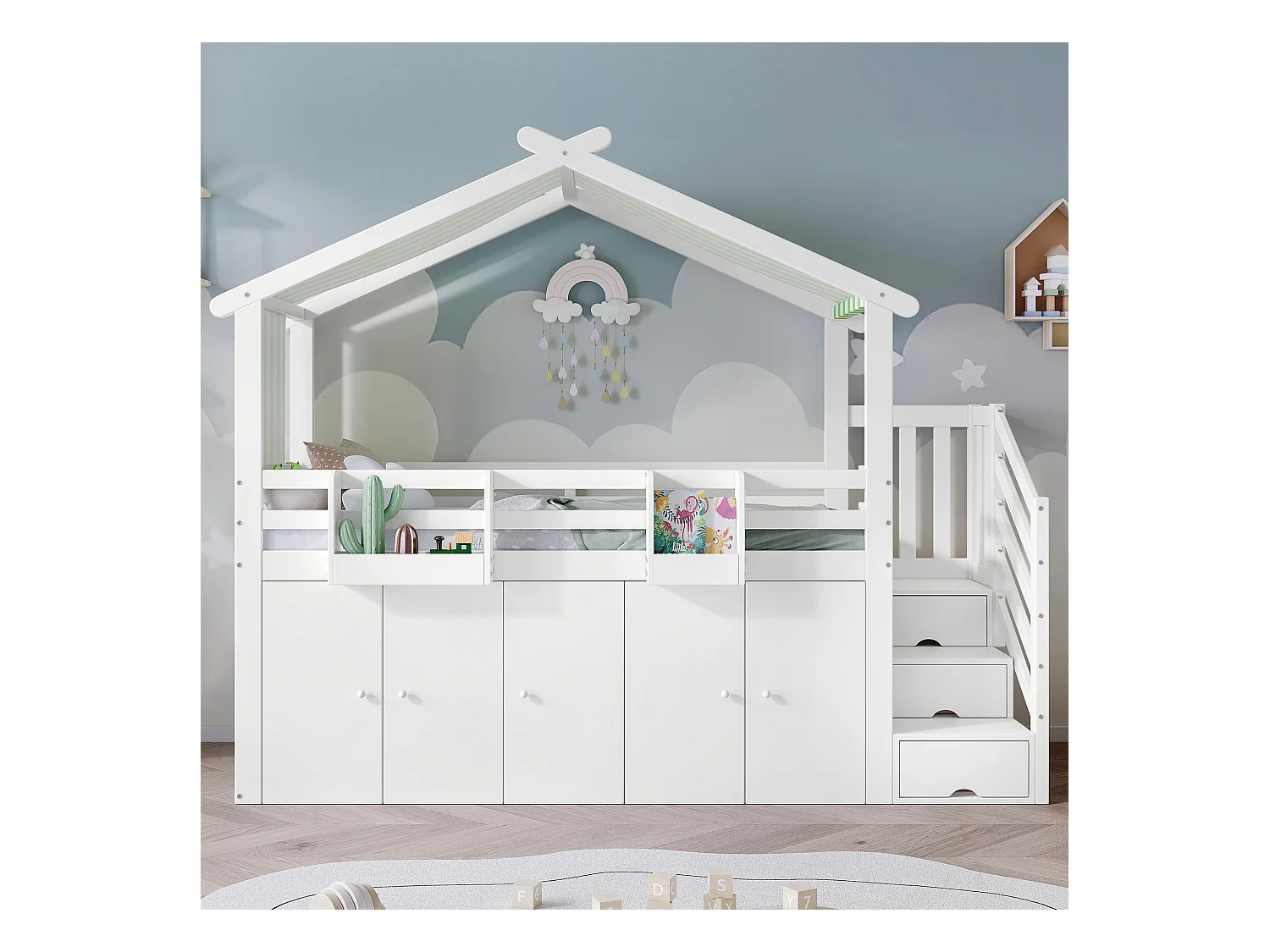 Lit superposé avec garde-corps, armoire, 2 étagères, escalier avec 3 rangements, tissu rayé, pin + MDF + contreplaqué, blanc + vert, 90x200 cm