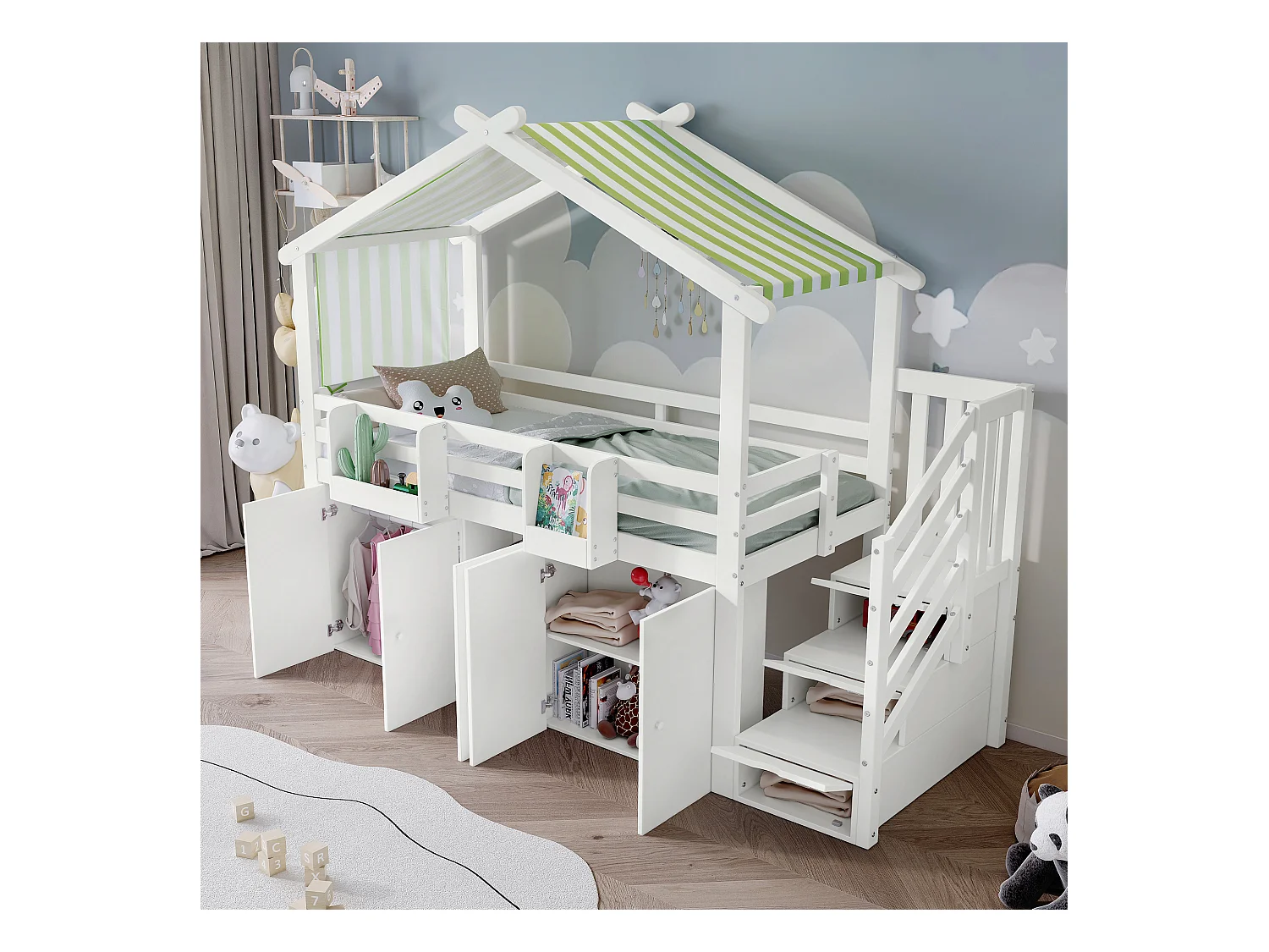 Lit superposé avec garde-corps, armoire, 2 étagères, escalier avec 3 rangements, tissu rayé, pin + MDF + contreplaqué, blanc + vert, 90x200 cm