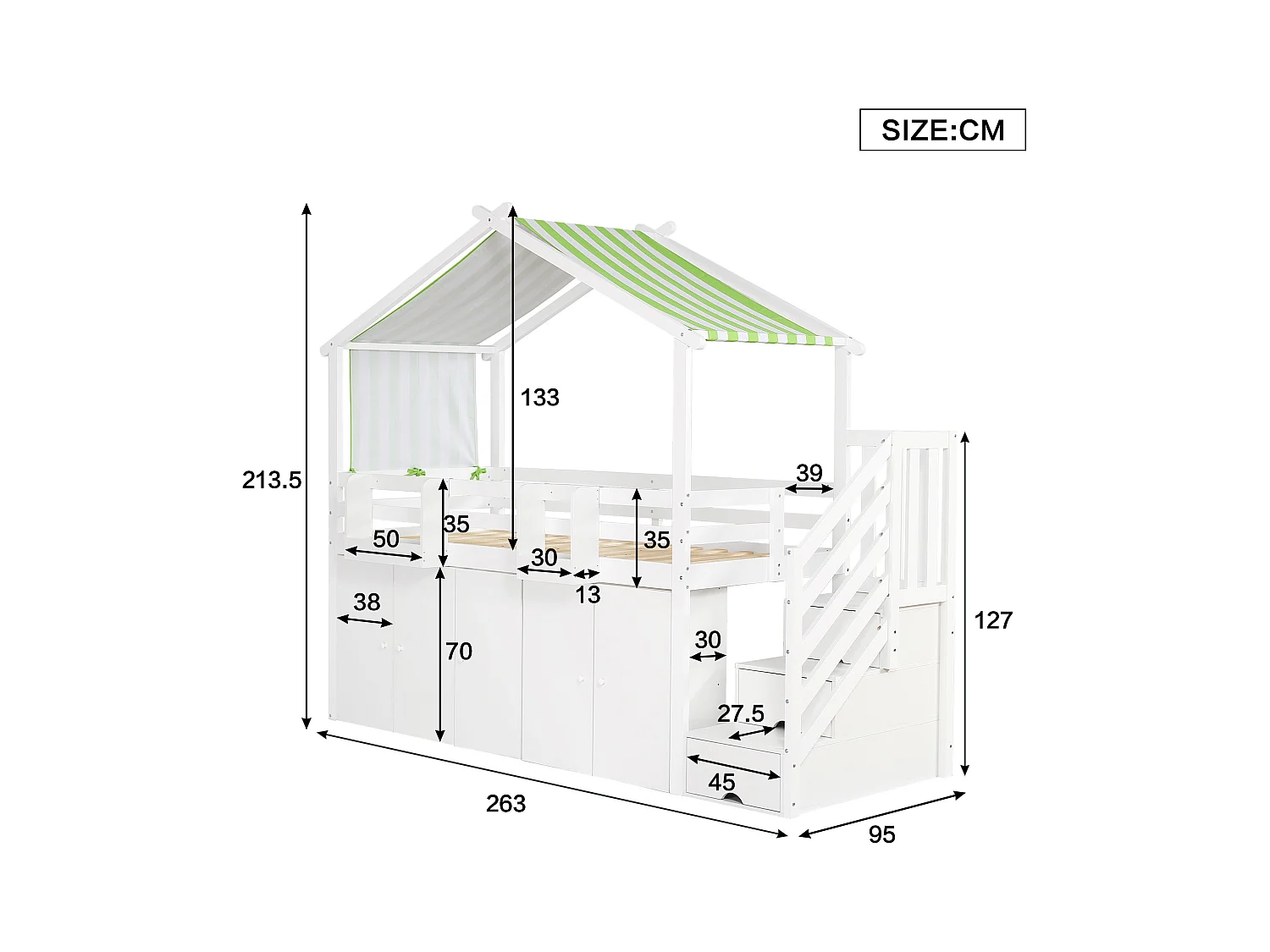 Lit superposé avec garde-corps, armoire, 2 étagères, escalier avec 3 rangements, tissu rayé, pin + MDF + contreplaqué, blanc + vert, 90x200 cm