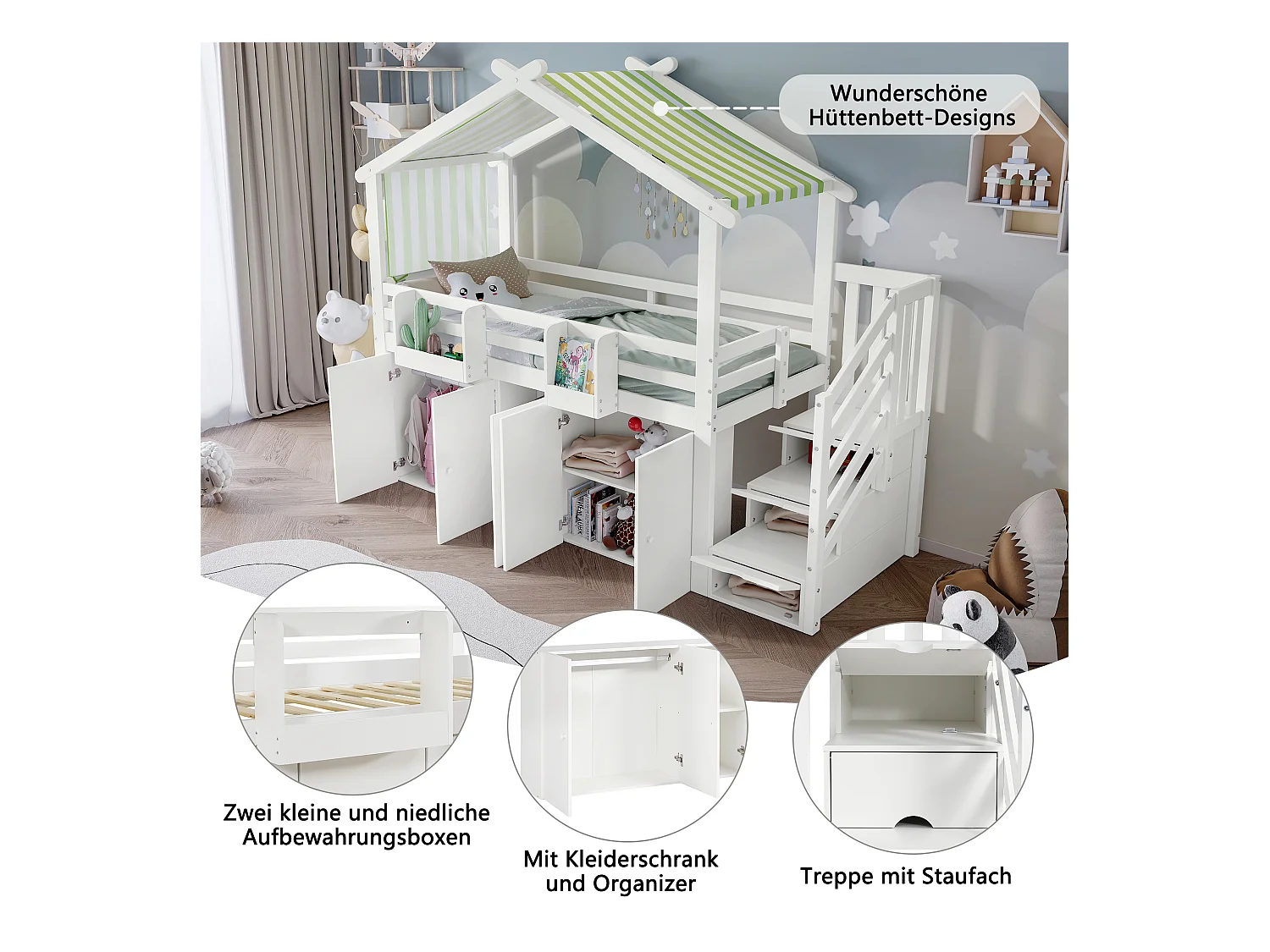 Lit superposé avec garde-corps, armoire, 2 étagères, escalier avec 3 rangements, tissu rayé, pin + MDF + contreplaqué, blanc + vert, 90x200 cm