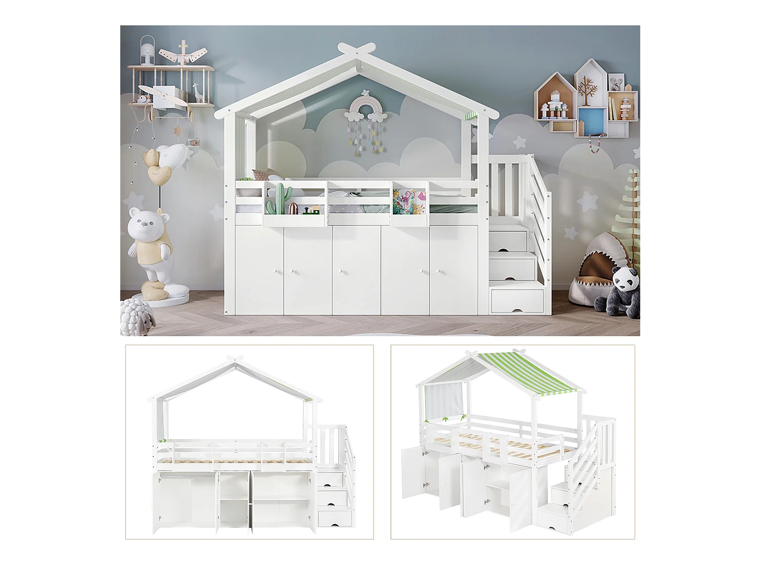 Lit superposé avec garde-corps, armoire, 2 étagères, escalier avec 3 rangements, tissu rayé, pin + MDF + contreplaqué, blanc + vert, 90x200 cm