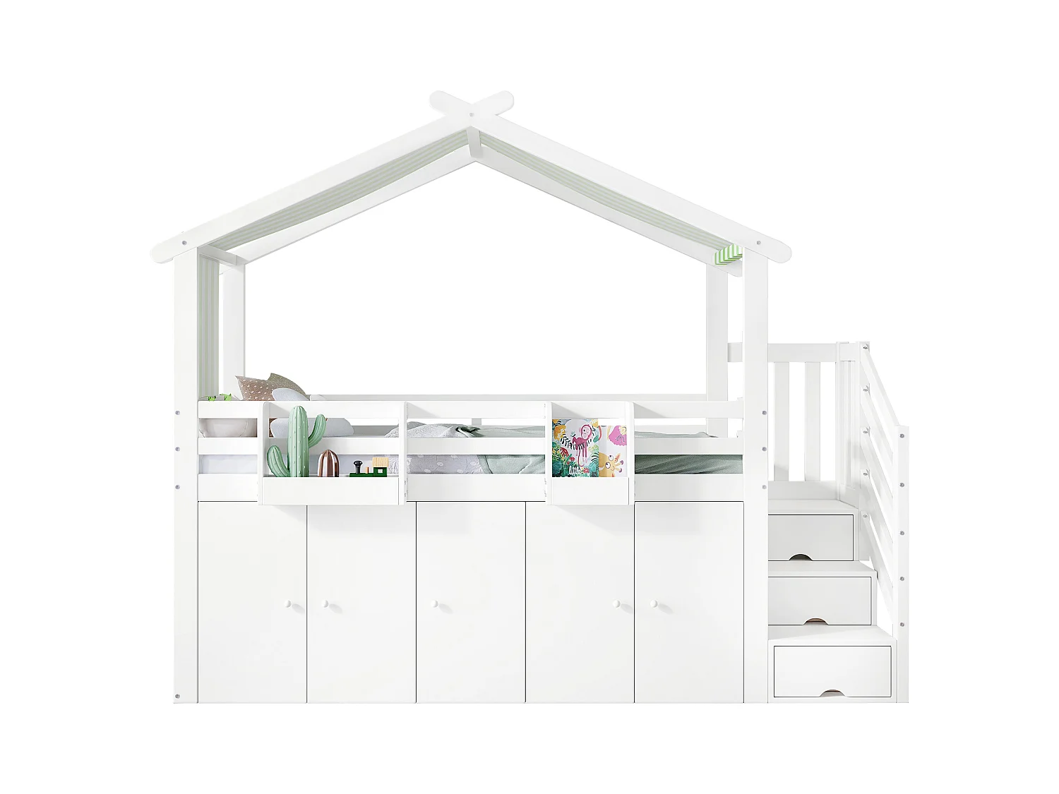 Lit superposé avec garde-corps, armoire, 2 étagères, escalier avec 3 rangements, tissu rayé, pin + MDF + contreplaqué, blanc + vert, 90x200 cm