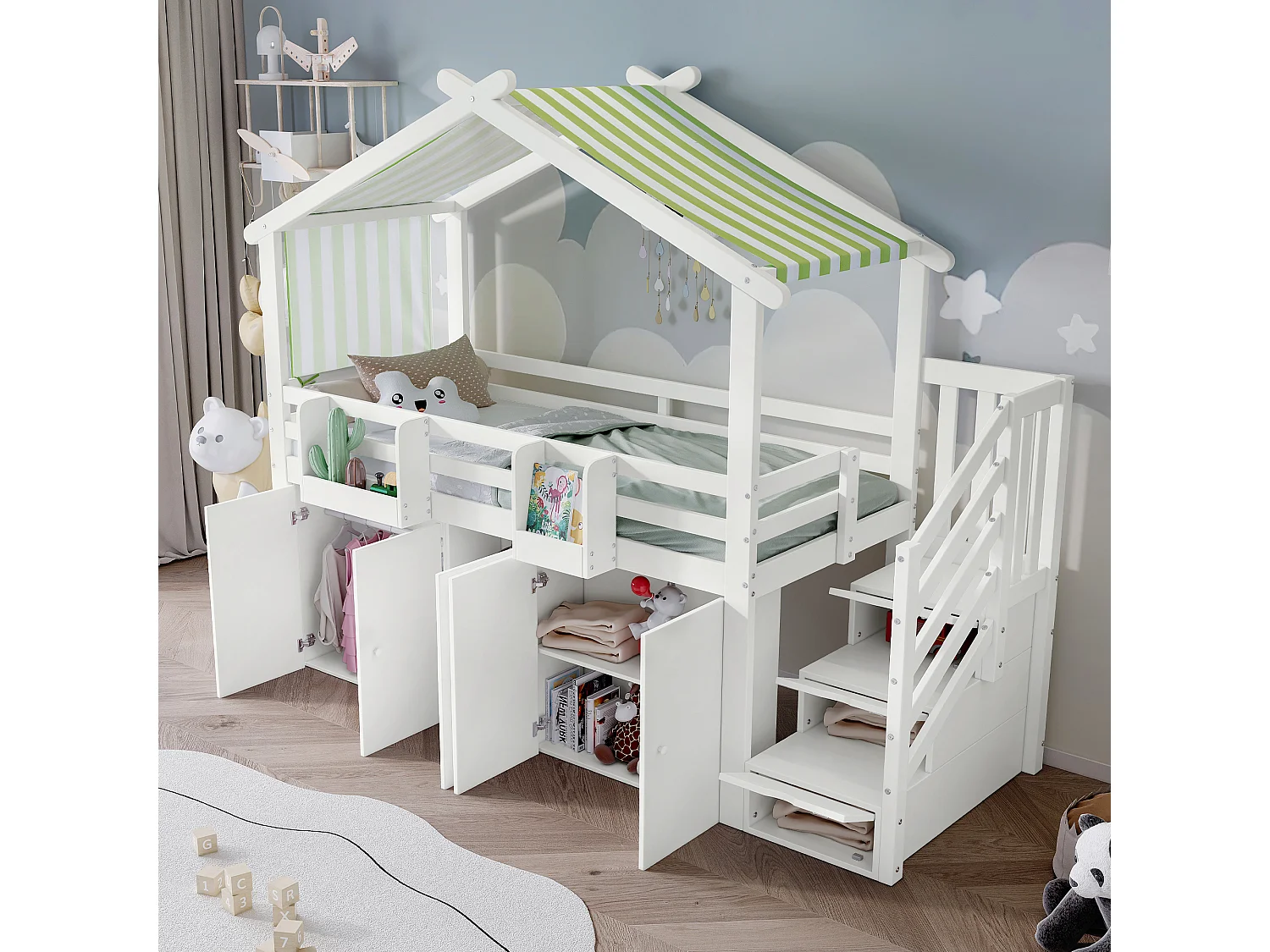 Lit superposé avec garde-corps, armoire, 2 étagères, escalier avec 3 rangements, tissu rayé, pin + MDF + contreplaqué, blanc + vert, 90x200 cm