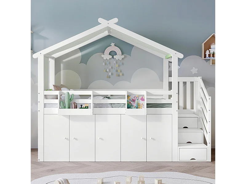 Lit superposé avec garde-corps, armoire, 2 étagères, escalier avec 3 rangements, tissu rayé, pin + MDF + contreplaqué, blanc + vert, 90x200 cm