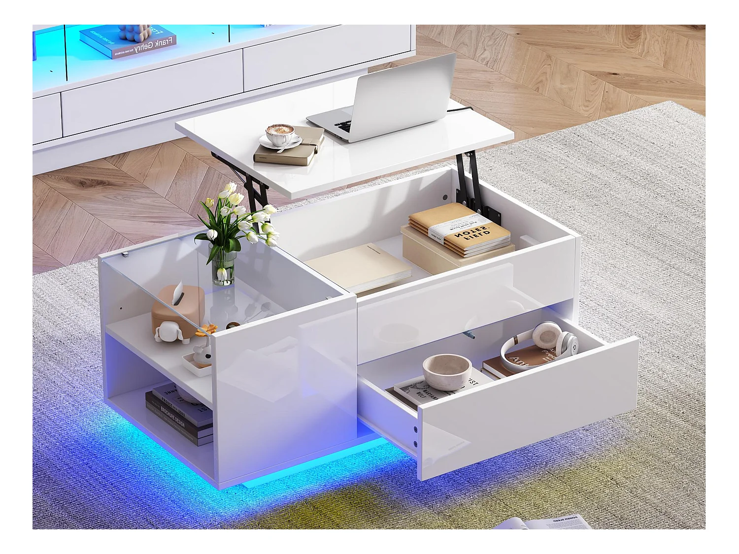 Table basse relevable 95x48x42cm - avec éclairage LED - avec prise - 1 tiroir - finition brillante - blanc