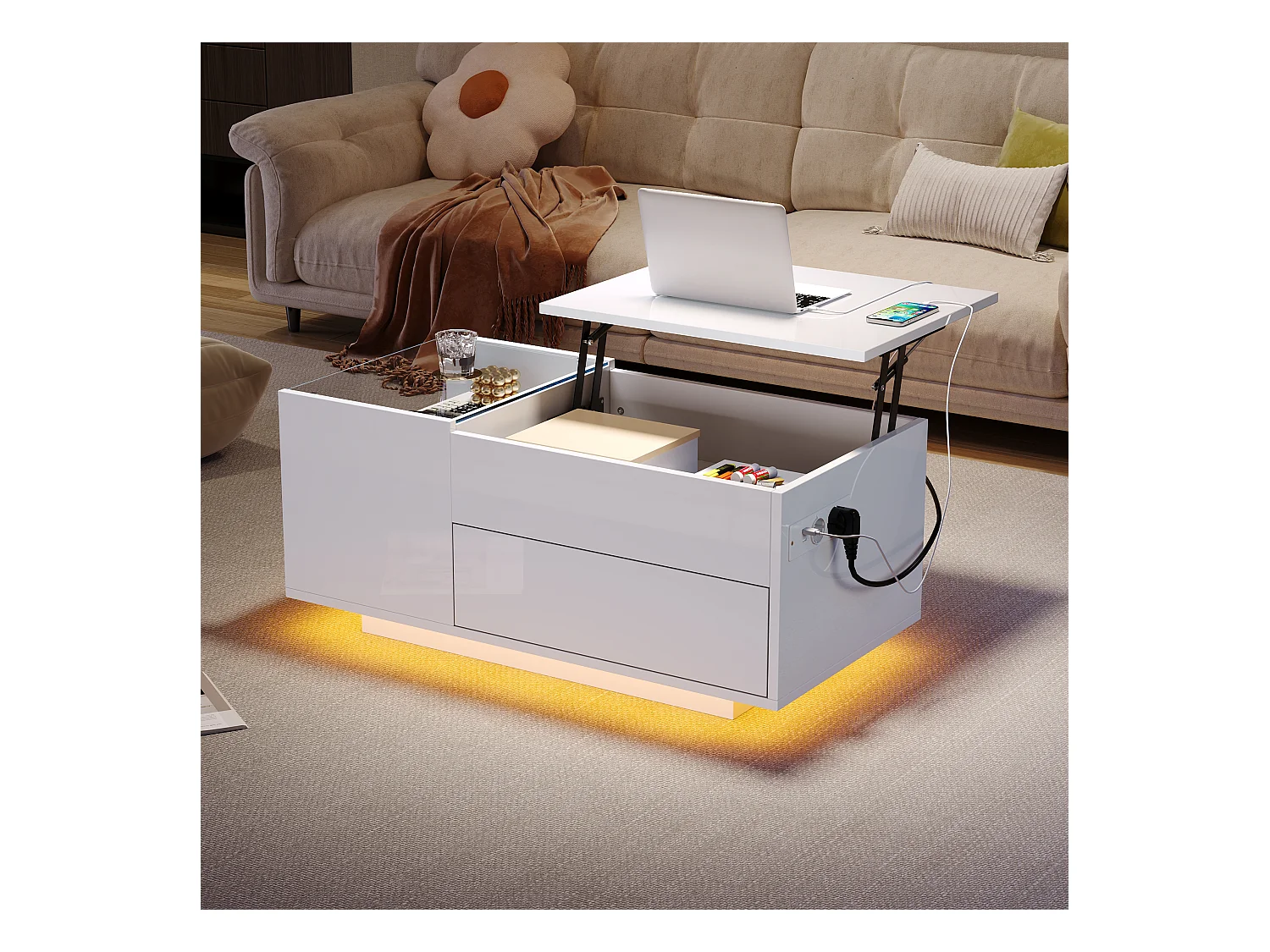 Table basse relevable 95x48x42cm - avec éclairage LED - avec prise - 1 tiroir - finition brillante - blanc