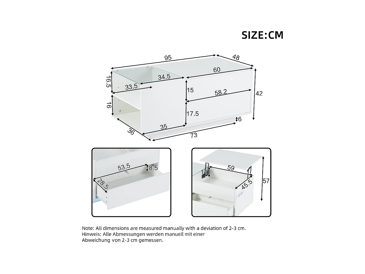 Table basse relevable 95x48x42cm - avec éclairage LED - avec prise - 1 tiroir - finition brillante - blanc