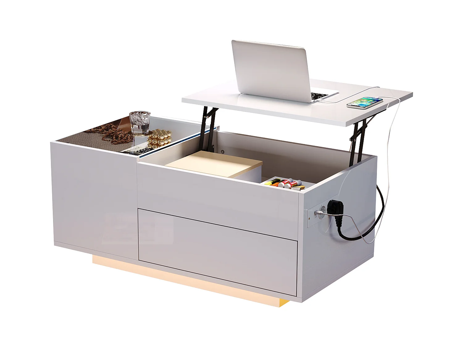 Table basse relevable 95x48x42cm - avec éclairage LED - avec prise - 1 tiroir - finition brillante - blanc