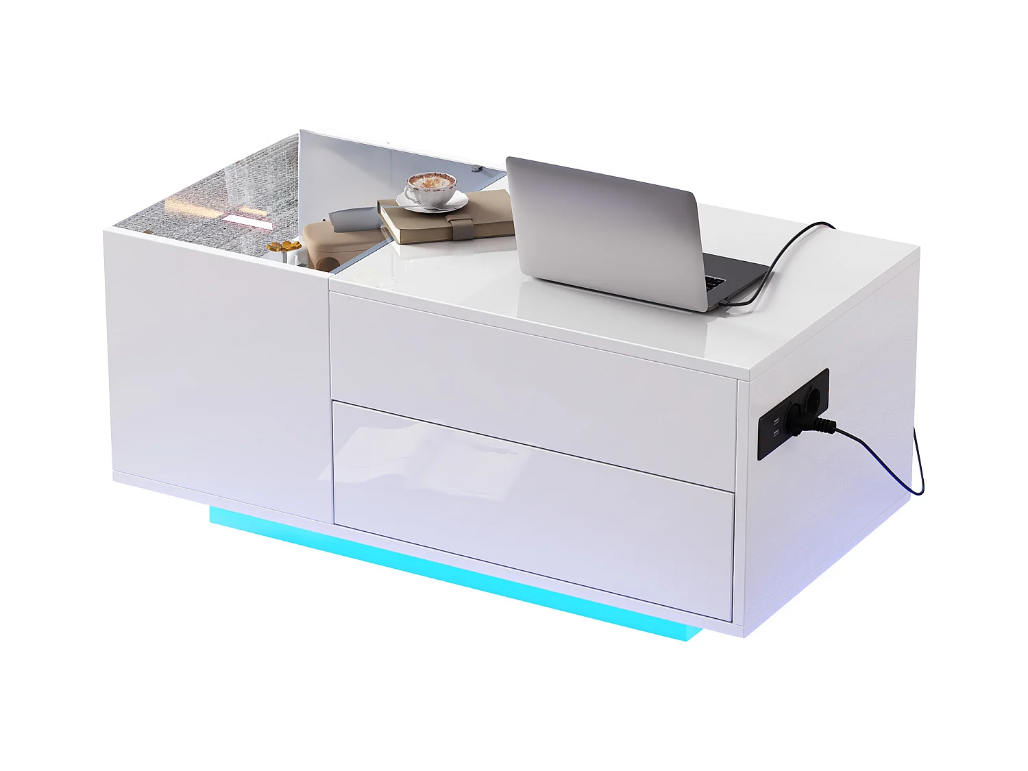 Table basse relevable 95x48x42cm - avec éclairage LED - avec prise - 1 tiroir - finition brillante - blanc