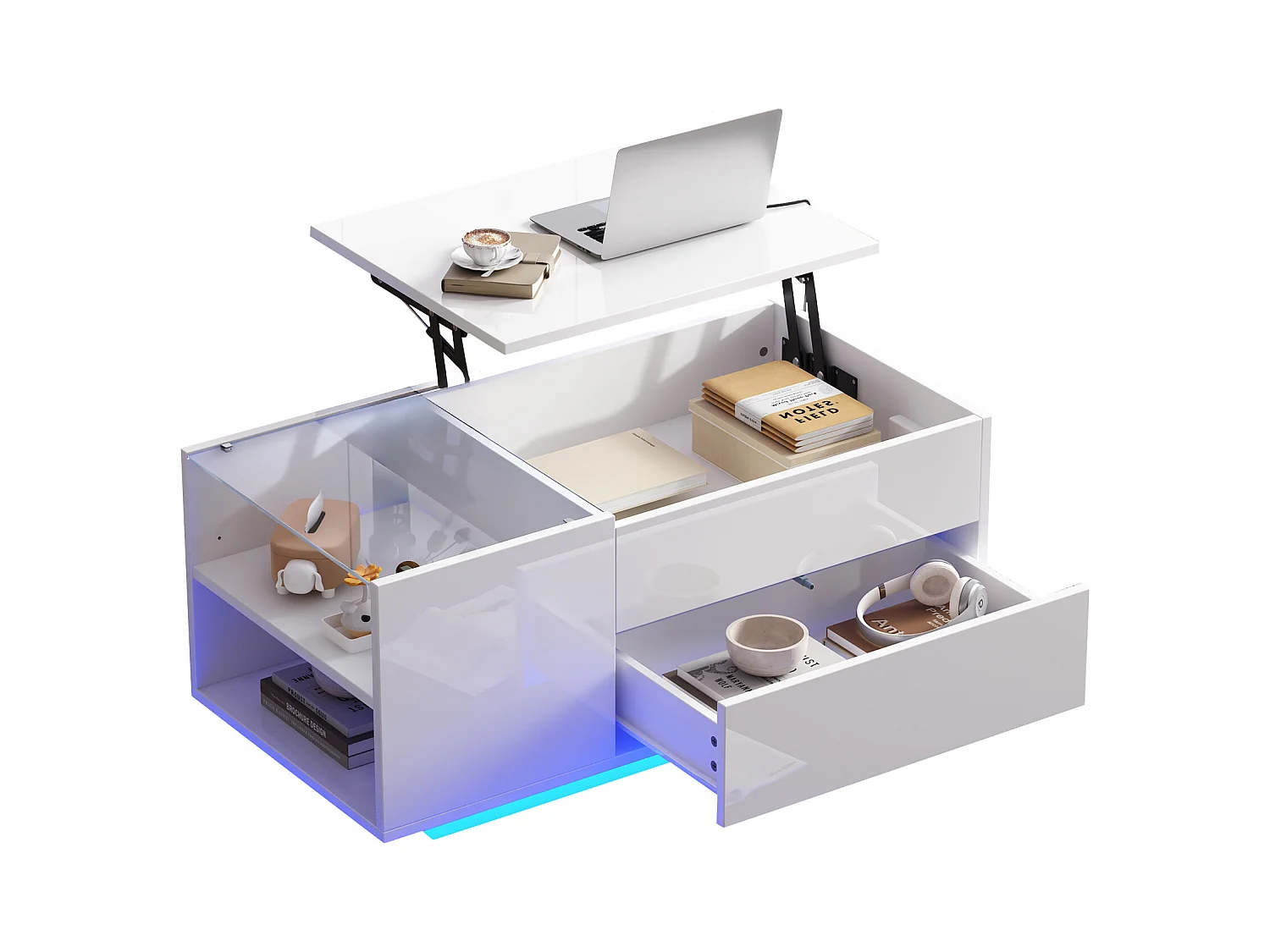 Table basse relevable 95x48x42cm - avec éclairage LED - avec prise - 1 tiroir - finition brillante - blanc