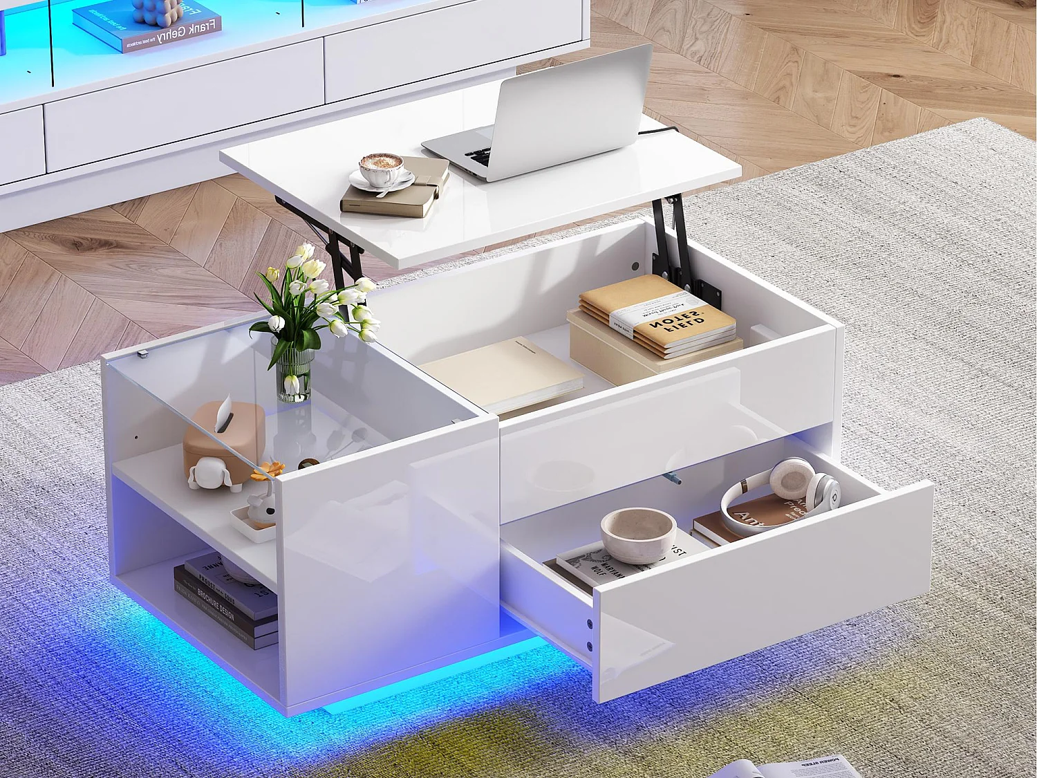 Table basse relevable 95x48x42cm - avec éclairage LED - avec prise - 1 tiroir - finition brillante - blanc