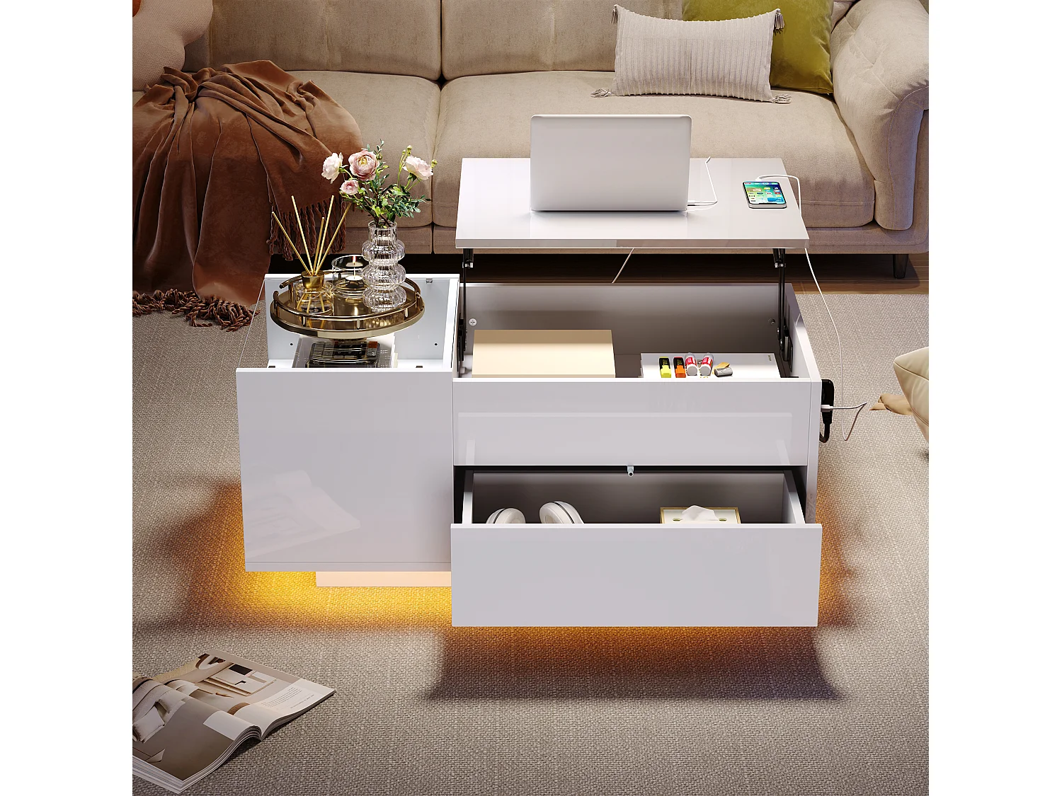 Table basse relevable 95x48x42cm - avec éclairage LED - avec prise - 1 tiroir - finition brillante - blanc