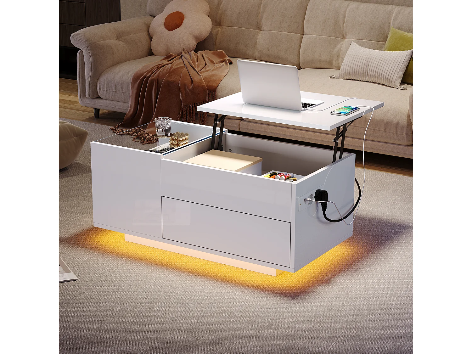 Table basse relevable 95x48x42cm - avec éclairage LED - avec prise - 1 tiroir - finition brillante - blanc
