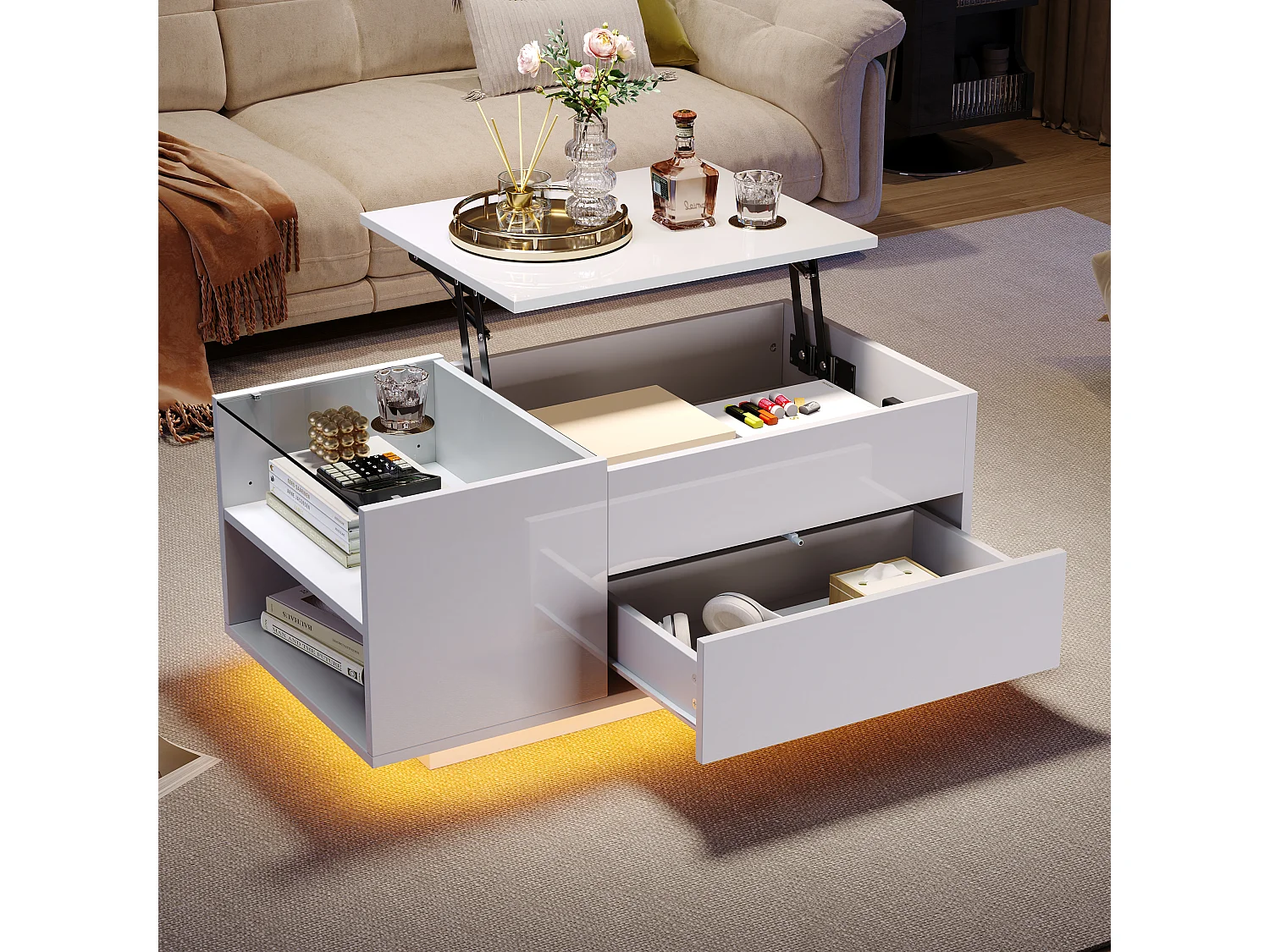 Table basse relevable 95x48x42cm - avec éclairage LED - avec prise - 1 tiroir - finition brillante - blanc