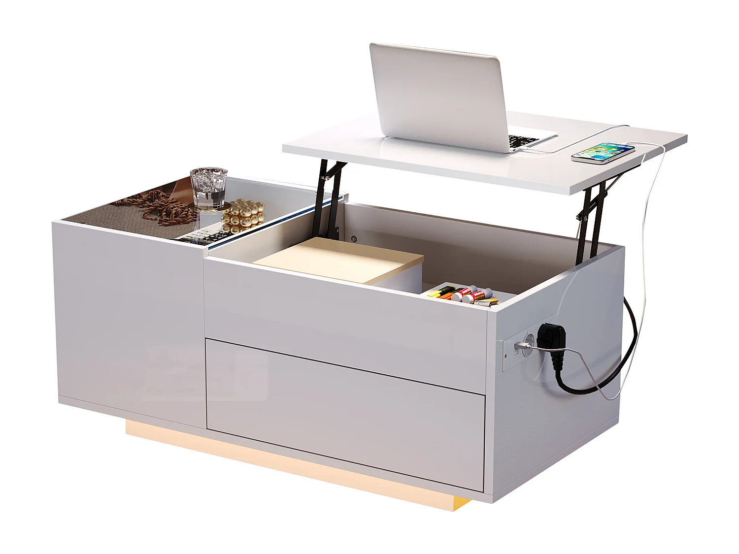 Table basse relevable 95x48x42cm - avec éclairage LED - avec prise - 1 tiroir - finition brillante - blanc