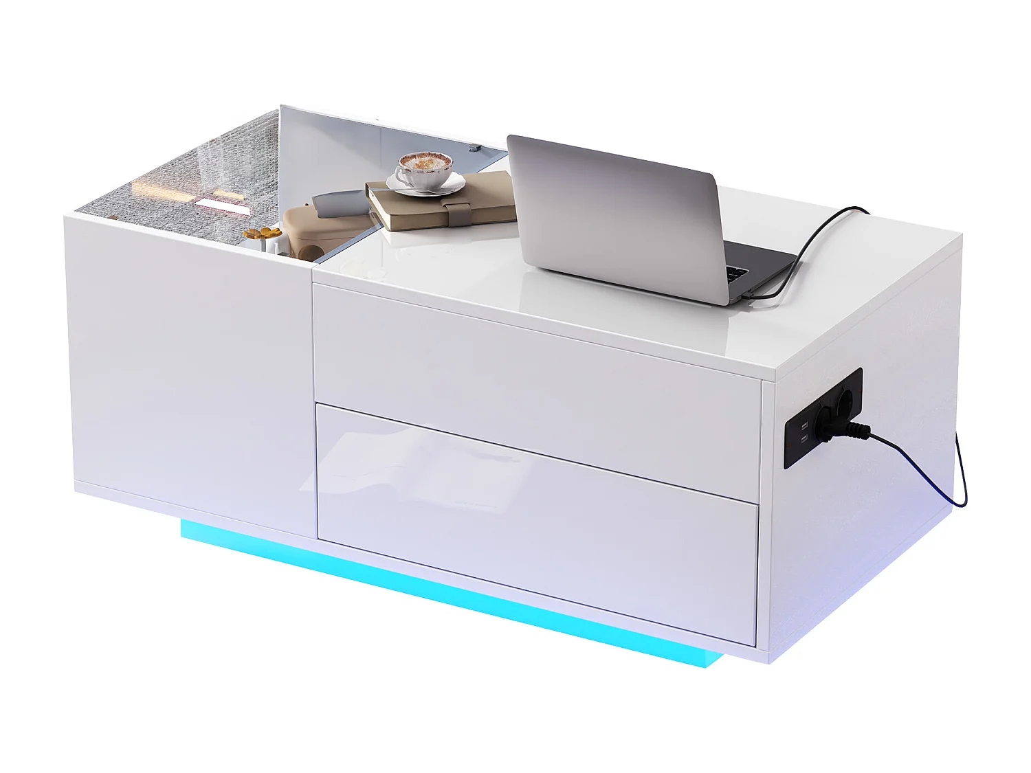 Table basse relevable 95x48x42cm - avec éclairage LED - avec prise - 1 tiroir - finition brillante - blanc