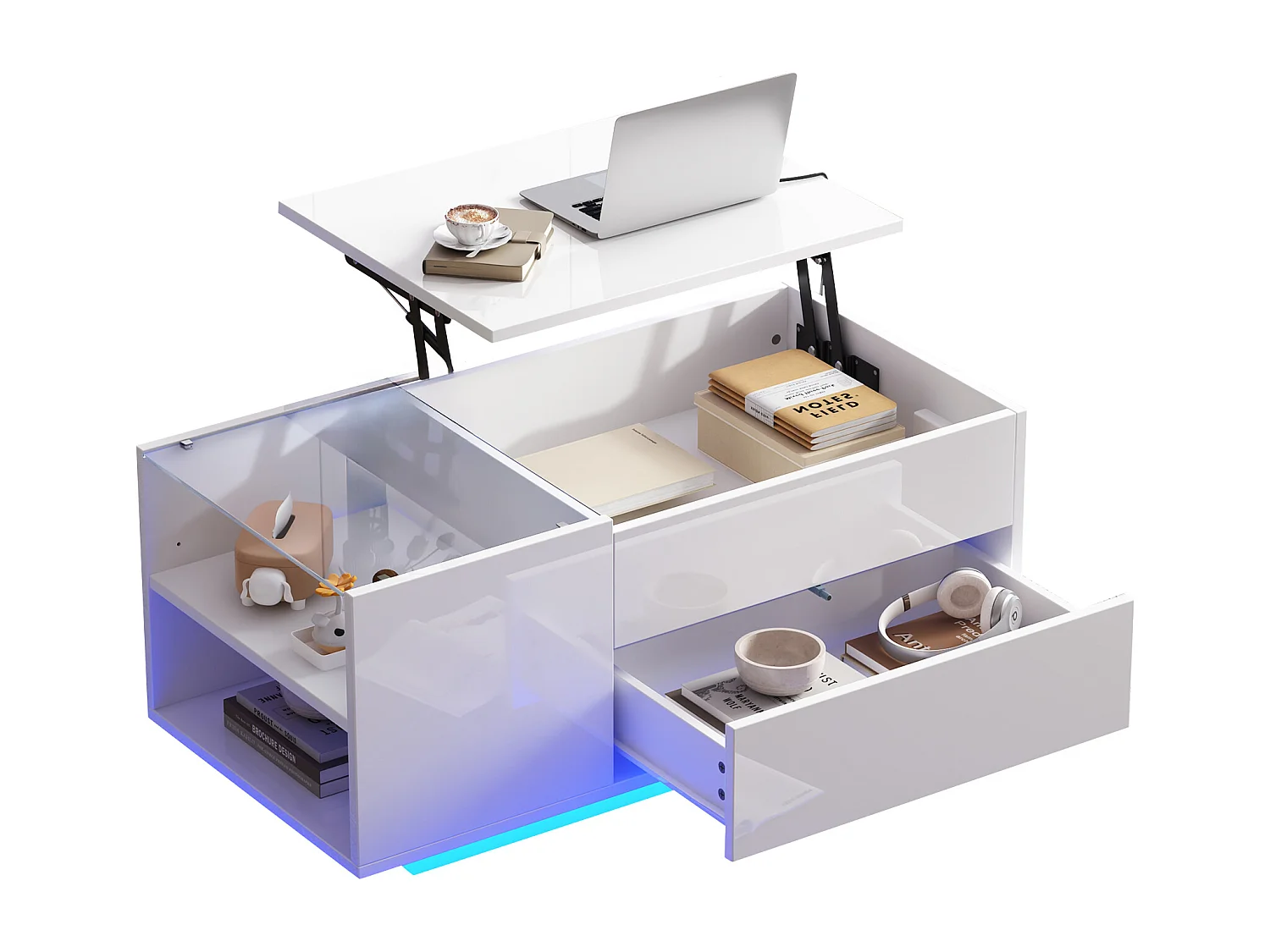 Table basse relevable 95x48x42cm - avec éclairage LED - avec prise - 1 tiroir - finition brillante - blanc