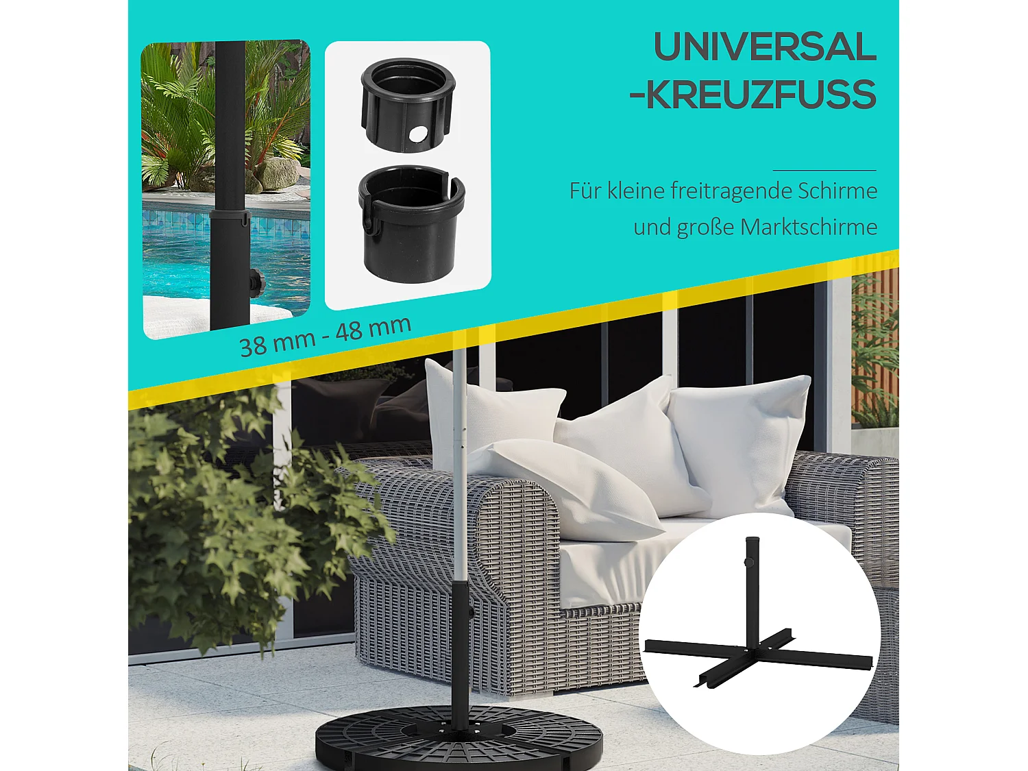 Kruisvormige parasolvoet, metaal, zwart, stabiel, verstelbaar voor diameters 38-48 mm (100x100x75 cm)