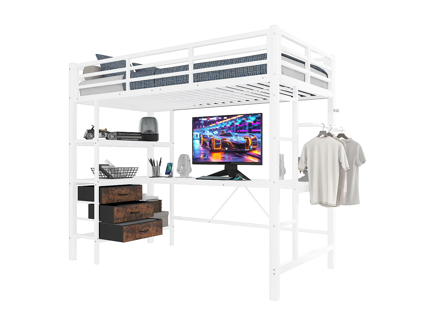 Lit superposé 90x200cm avec LED, bureau, prises USB, 3 tiroirs, étagères, garde-corps et échelle, Blanc (204.5x98x180.5 cm)