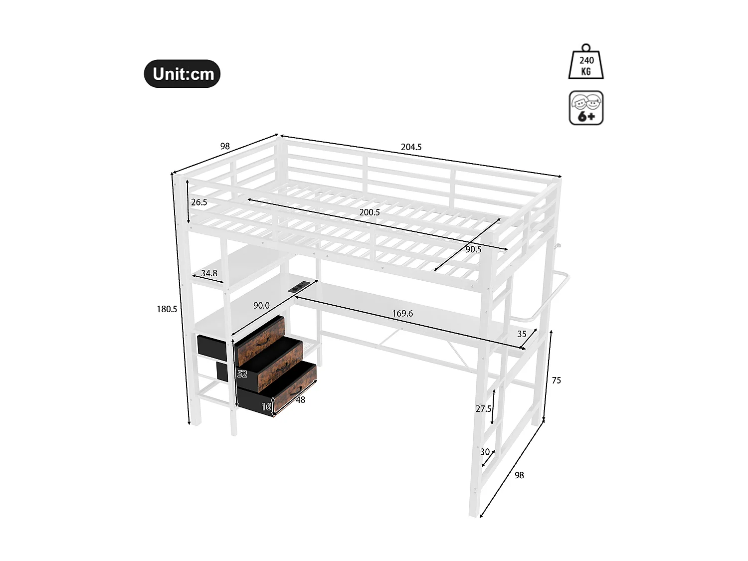 Lit superposé 90x200cm avec LED, bureau, prises USB, 3 tiroirs, étagères, garde-corps et échelle, Blanc (204.5x98x180.5 cm)