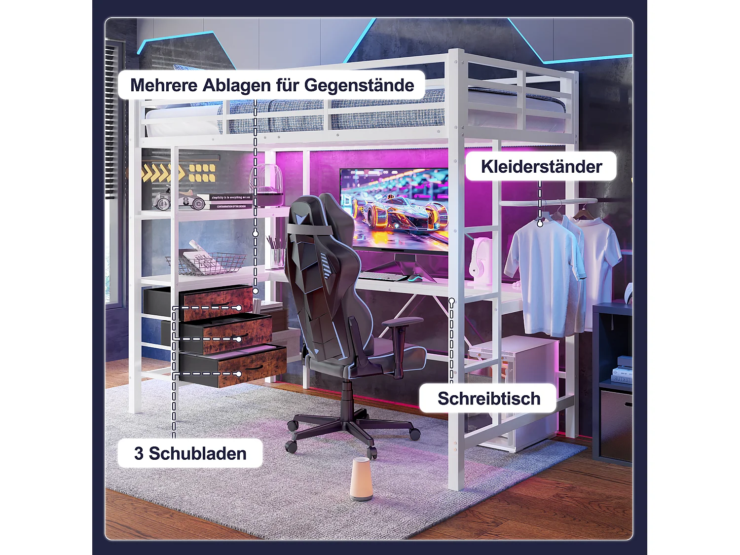 Lit superposé 90x200cm avec LED, bureau, prises USB, 3 tiroirs, étagères, garde-corps et échelle, Blanc (204.5x98x180.5 cm)