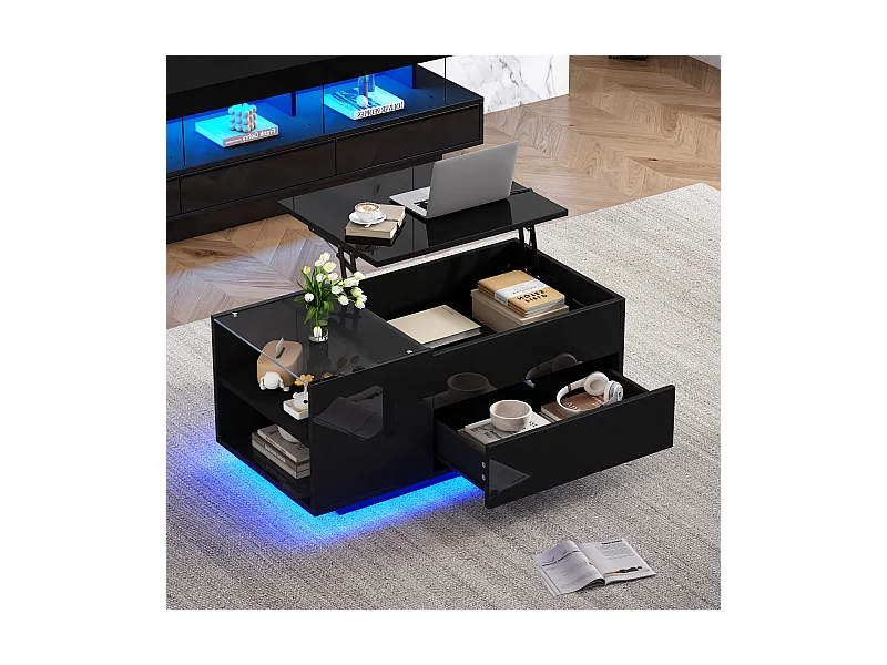 Table basse relevable - 95 x 48 x 42 cm - avec rangement dissimulé + Leds + 1 tiroir - aggloméré - noir