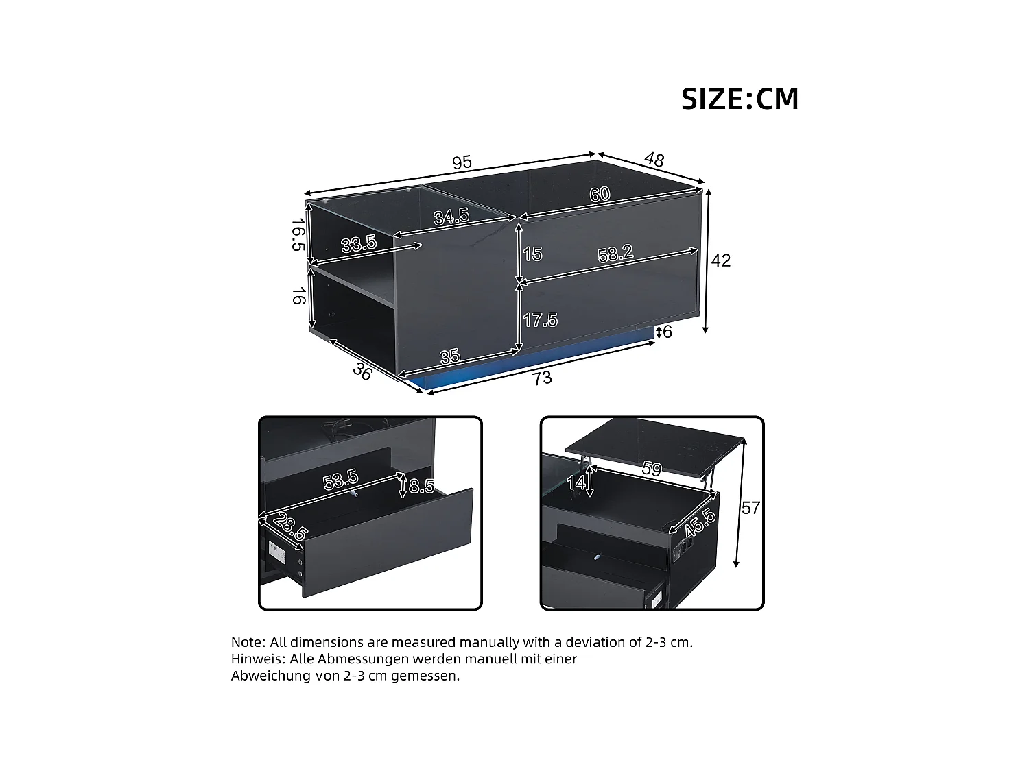 Table basse relevable - 95 x 48 x 42 cm - avec rangement dissimulé + Leds + 1 tiroir - aggloméré - noir