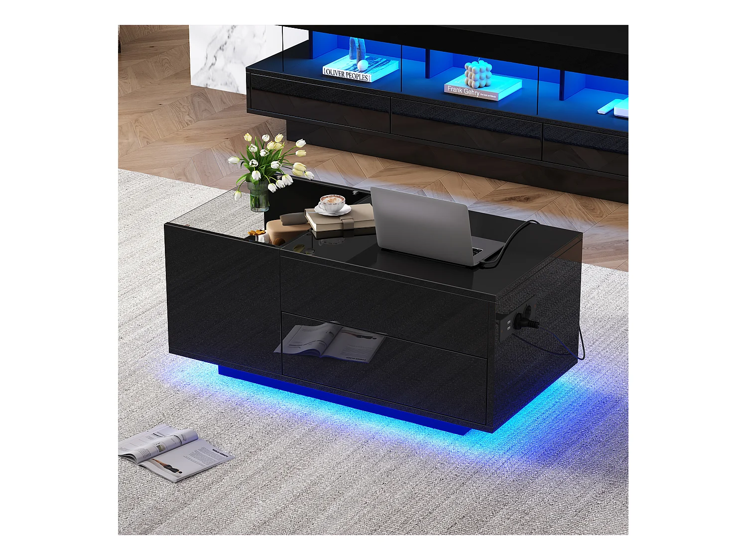 Hochklappbarer Couchtisch – 95 x 48 x 42 cm – mit verstecktem Stauraum + LEDs + 1 Schublade – Spanplatte – Schwarz