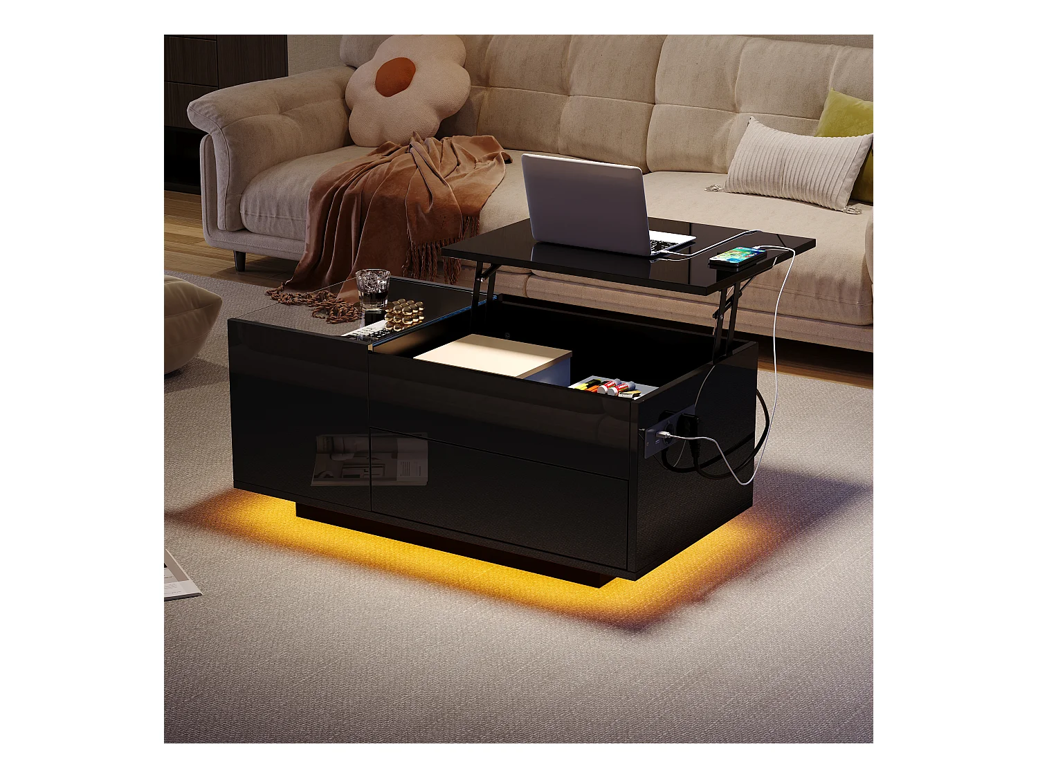 Hochklappbarer Couchtisch – 95 x 48 x 42 cm – mit verstecktem Stauraum + LEDs + 1 Schublade – Spanplatte – Schwarz