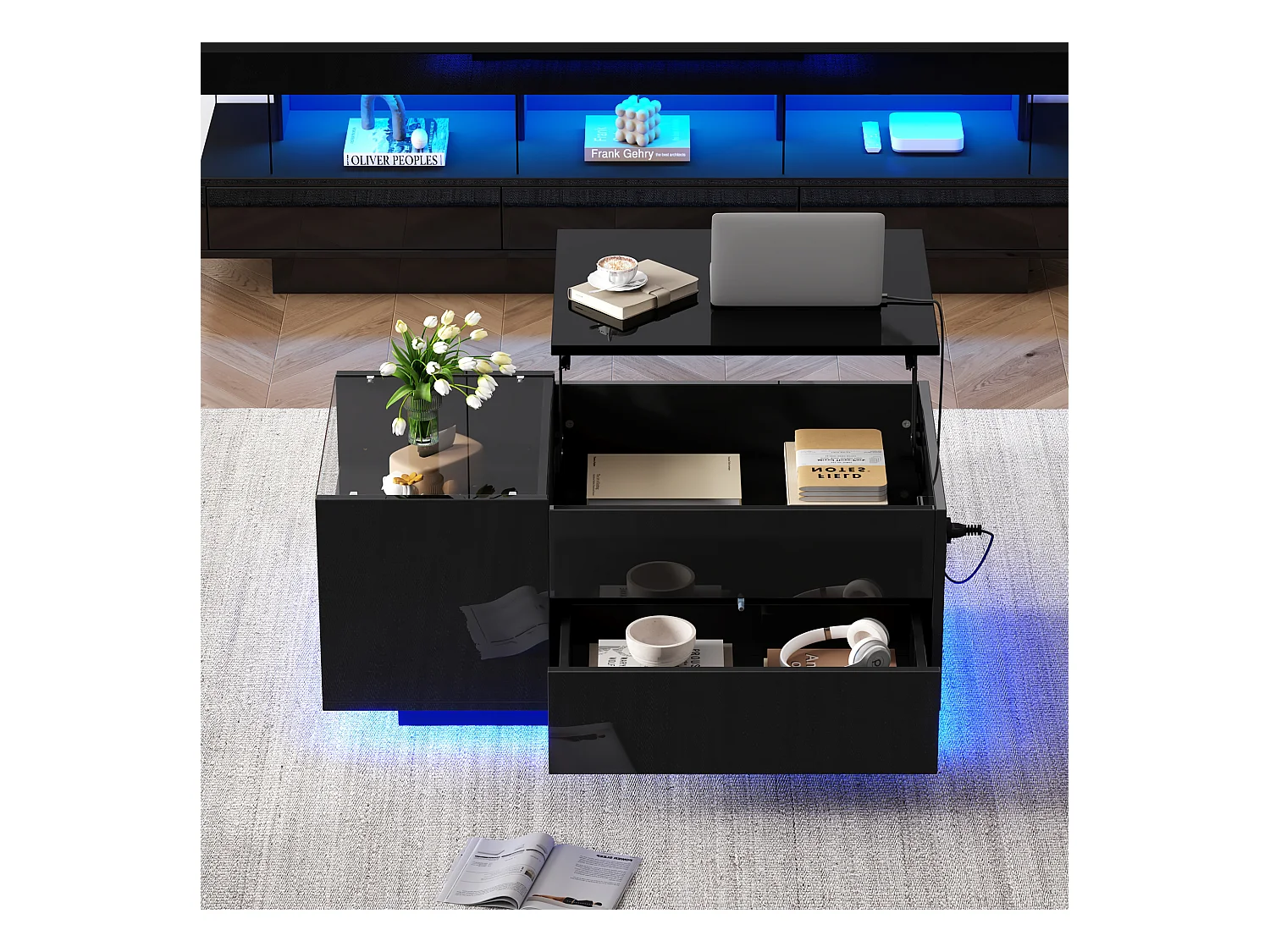Hochklappbarer Couchtisch – 95 x 48 x 42 cm – mit verstecktem Stauraum + LEDs + 1 Schublade – Spanplatte – Schwarz