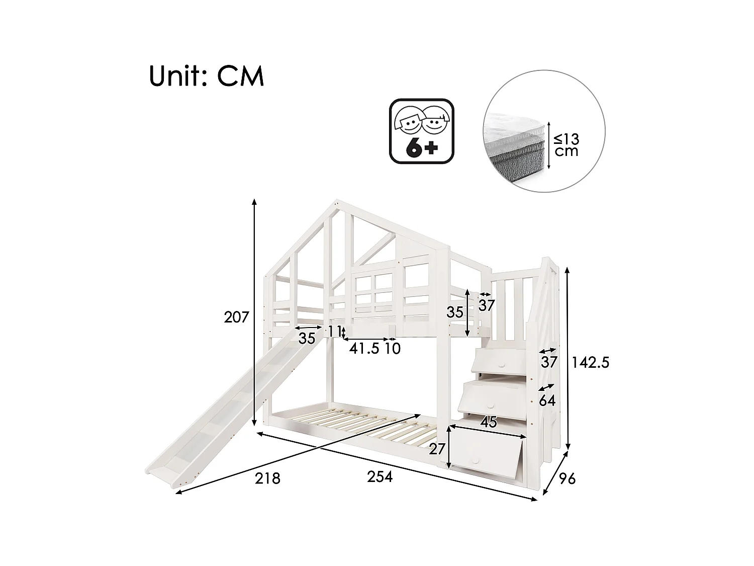 Lit superposé enfant 90x200 cm, lit en forme de maison avec fenêtre et toboggan, blanc, avec rangements intégrés (218x254x207 cm)