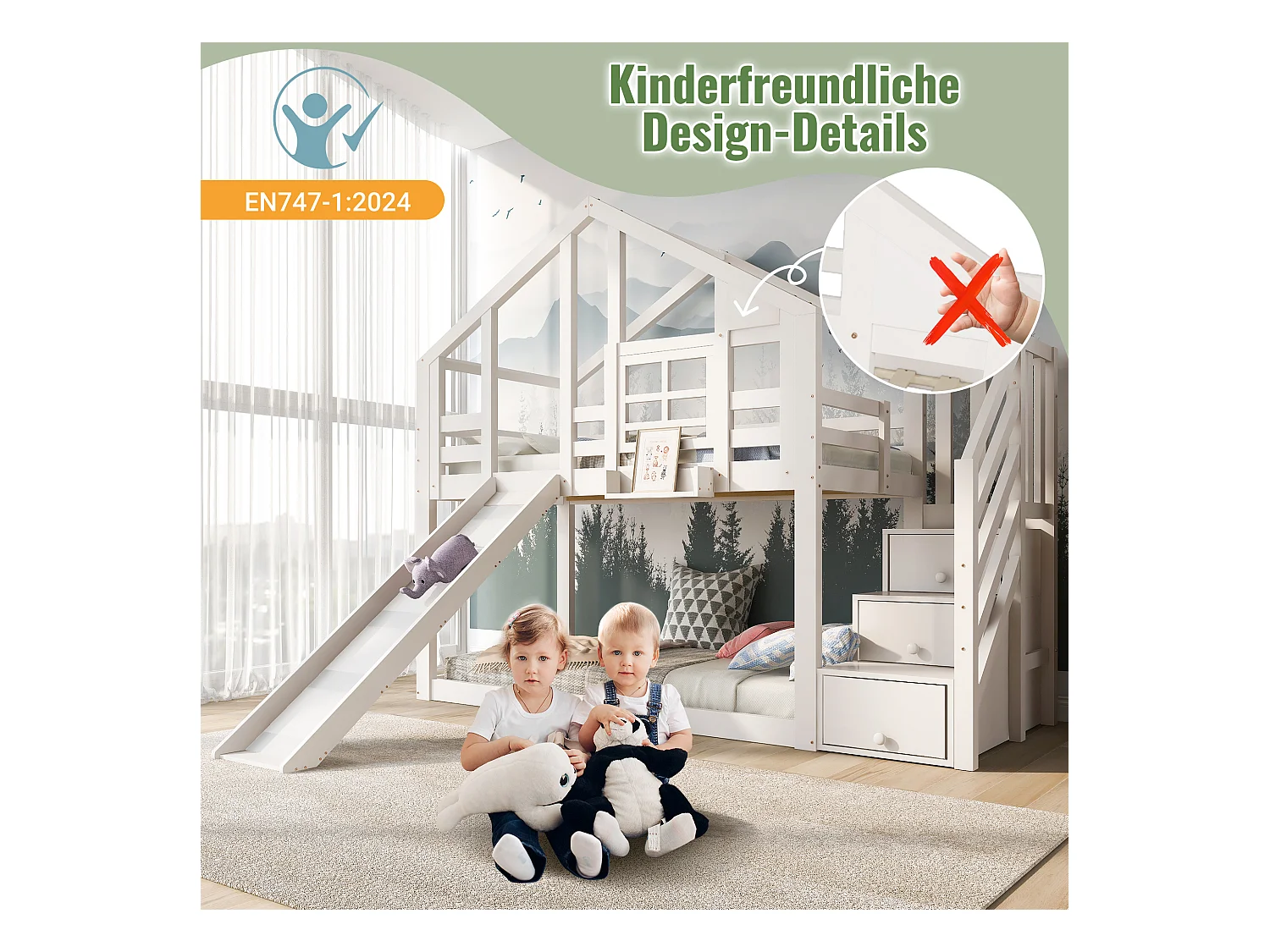 Lit superposé enfant 90x200 cm, lit en forme de maison avec fenêtre et toboggan, blanc, avec rangements intégrés (218x254x207 cm)