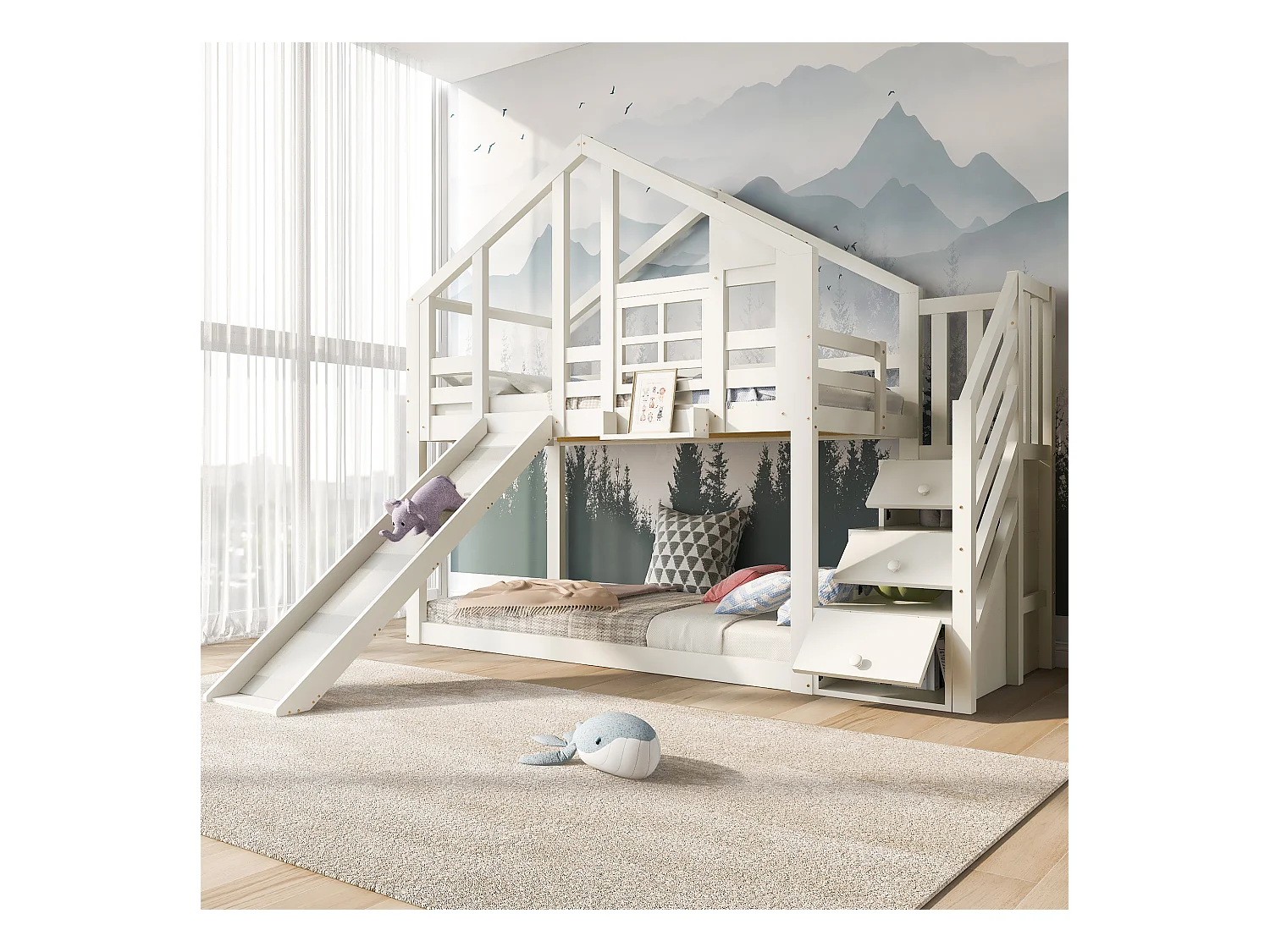 Lit superposé enfant 90x200 cm, lit en forme de maison avec fenêtre et toboggan, blanc, avec rangements intégrés (218x254x207 cm)