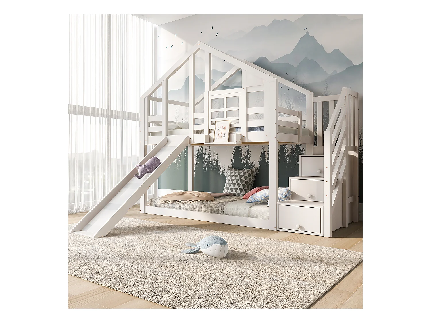 Lit superposé enfant 90x200 cm, lit en forme de maison avec fenêtre et toboggan, blanc, avec rangements intégrés (218x254x207 cm)