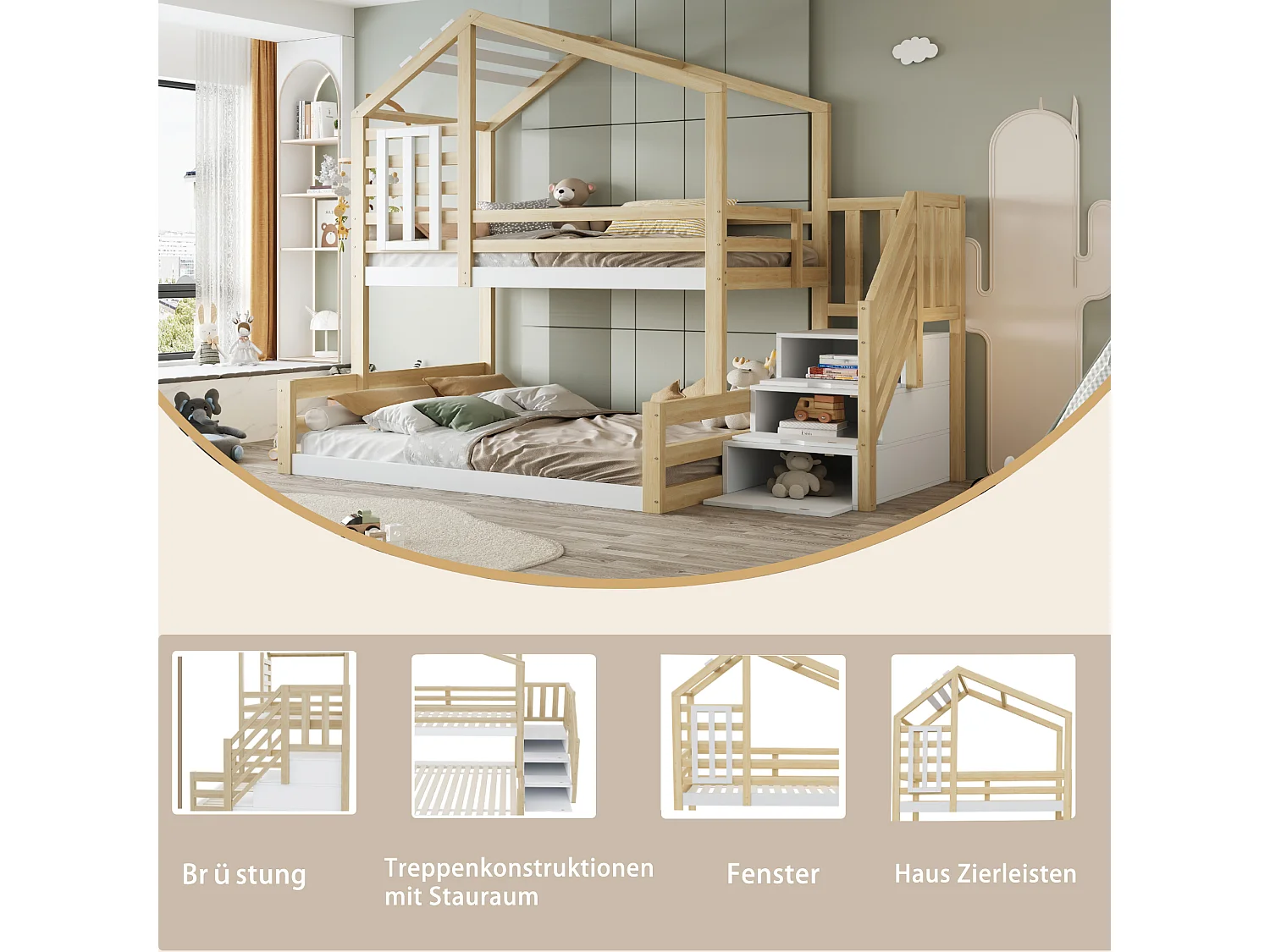 Lit superposé 90x200cm, bois de pin, avec fenêtre, échelle de rangement, garde-corps, naturel (253x146x209 cm)